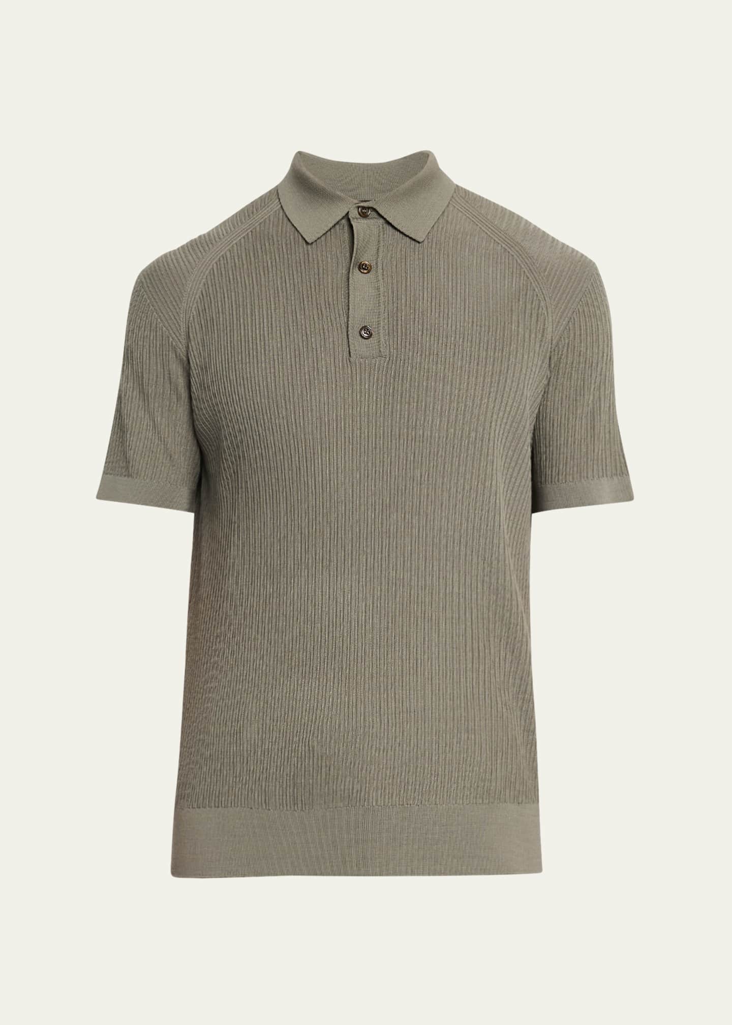 Brioni Men's Wool Ribbed Short-Sleeve Polo Sweater Image 1 of 5