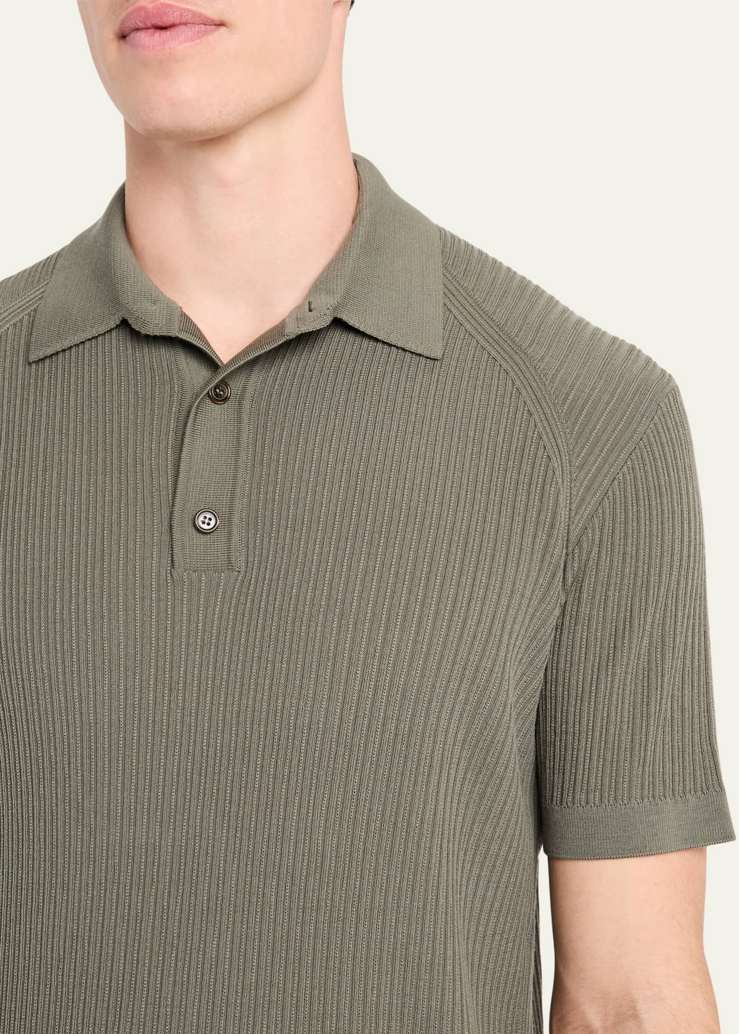 Brioni Men's Wool Ribbed Short-Sleeve Polo Sweater Image 5 of 5