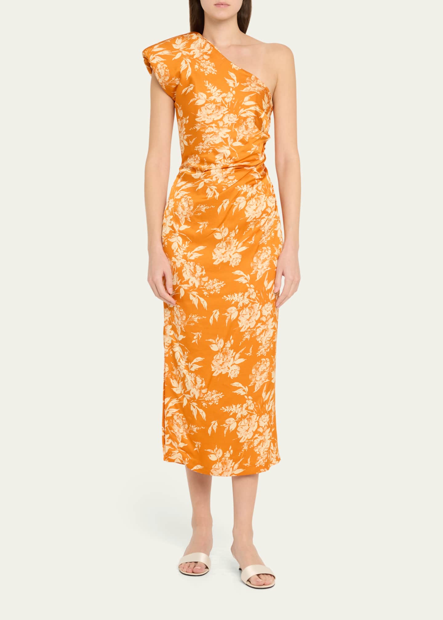Rosie Assoulin Pad Me One-Shoulder Floral Draped Midi Dress Image 2 of 5