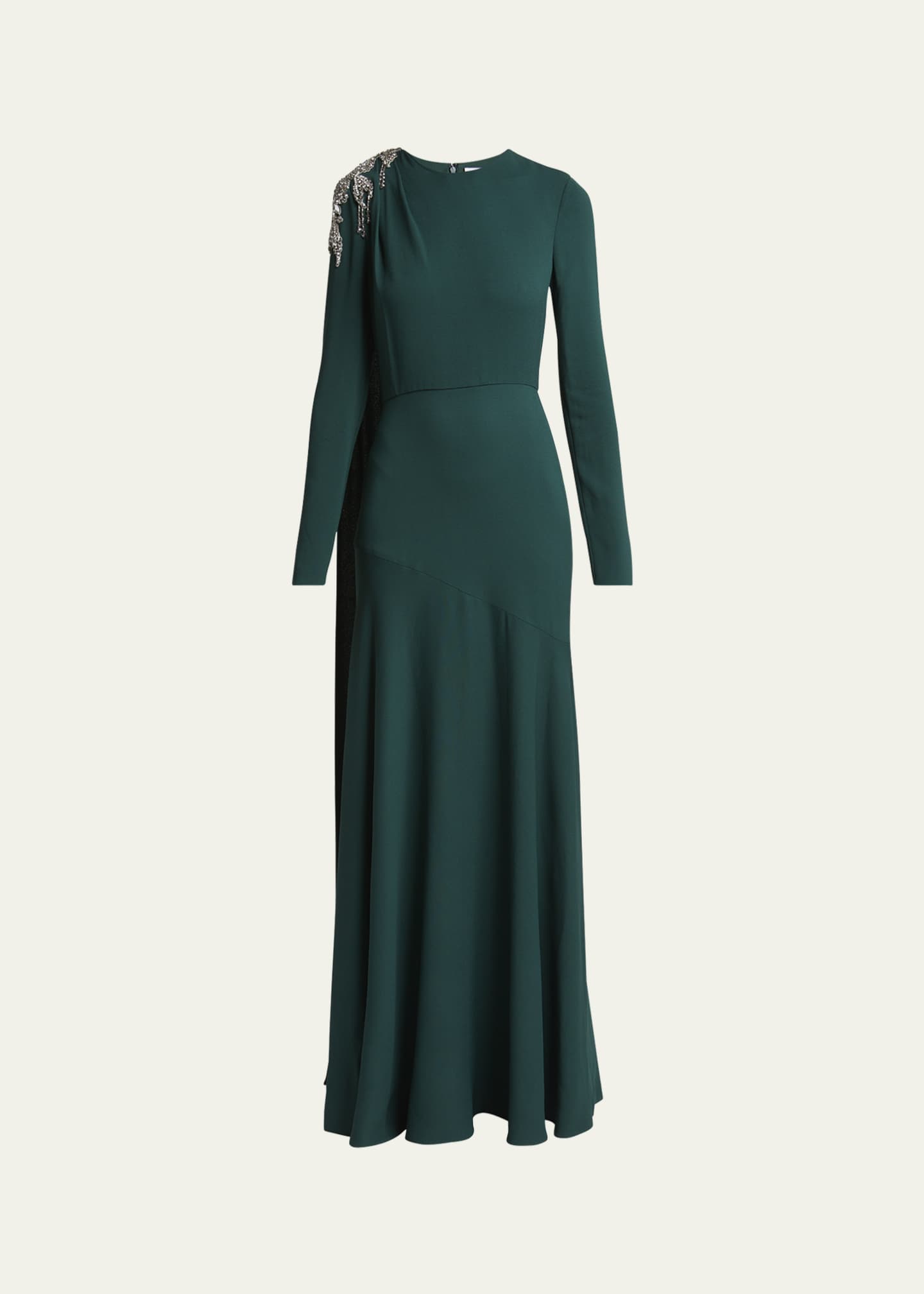 Crystal Shoulder Draped Long-Sleeve Gown