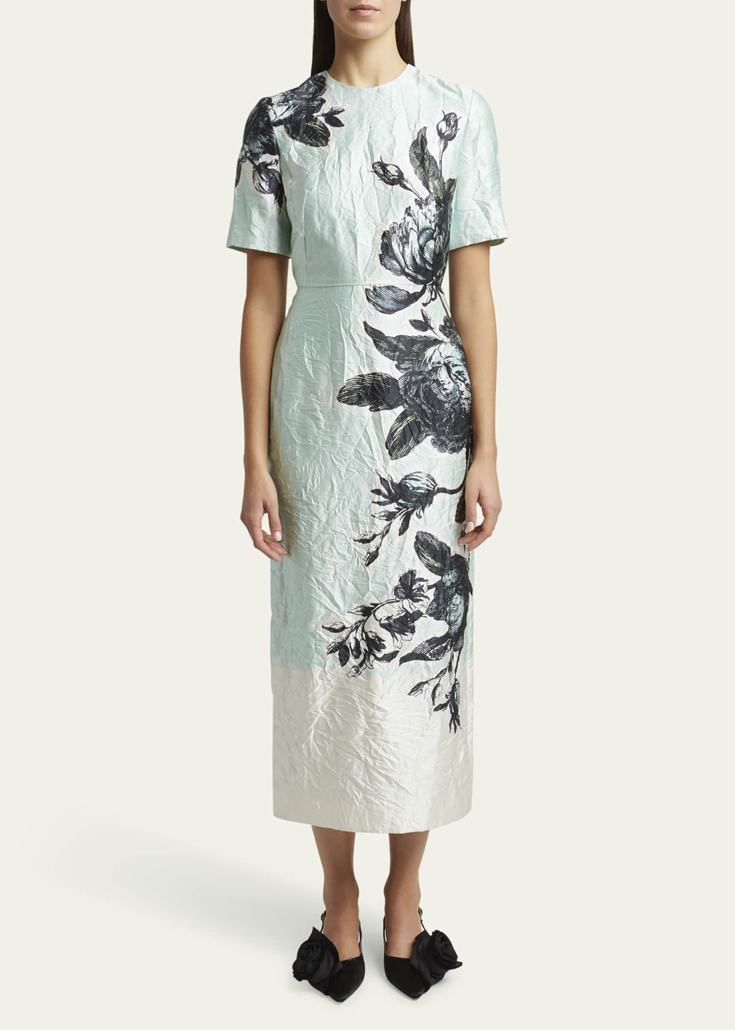 Erdem Floral Crinkle-Effect Short Sleeve Midi Dress Image 2 of 5
