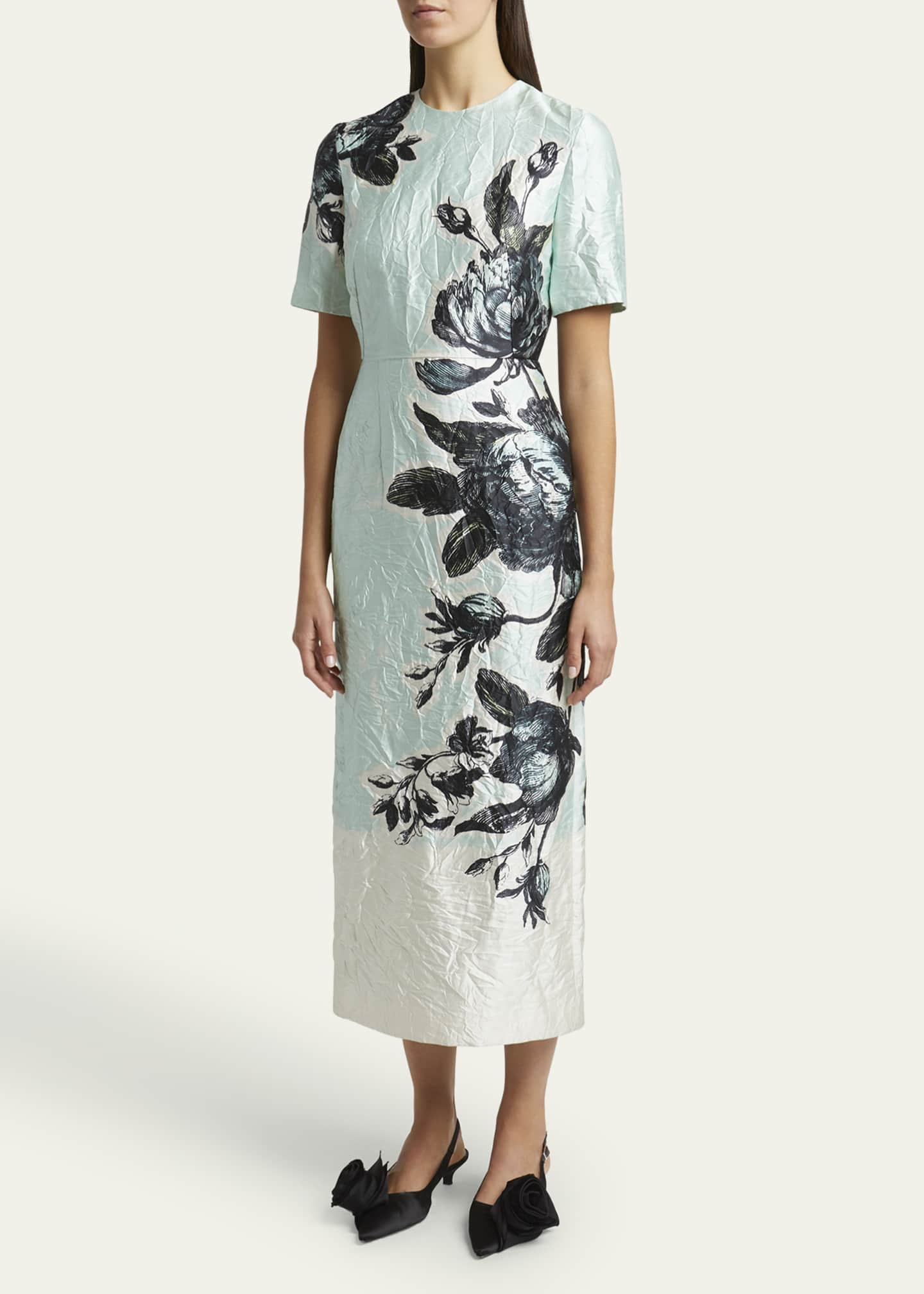 Erdem Floral Crinkle-Effect Short Sleeve Midi Dress Image 4 of 5