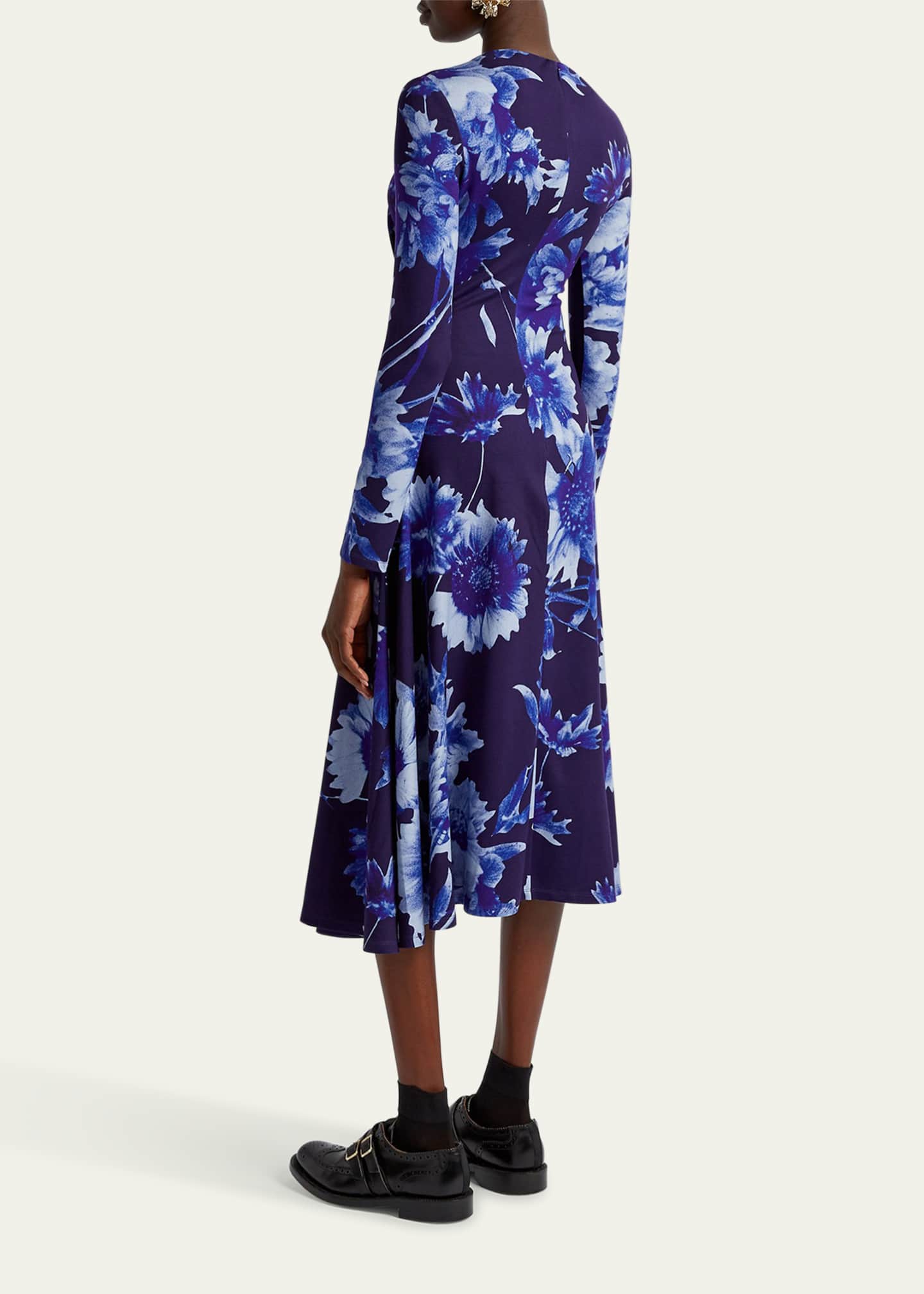 Floral Draped Long Sleeve Midi Dress - Thumbnail 3