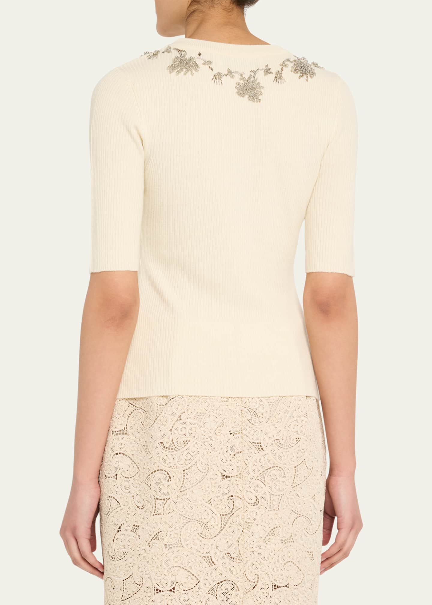 Prabal Gurung Floral Embroidered Elbow-Sleeve Rib Sweater Image 3 of 5