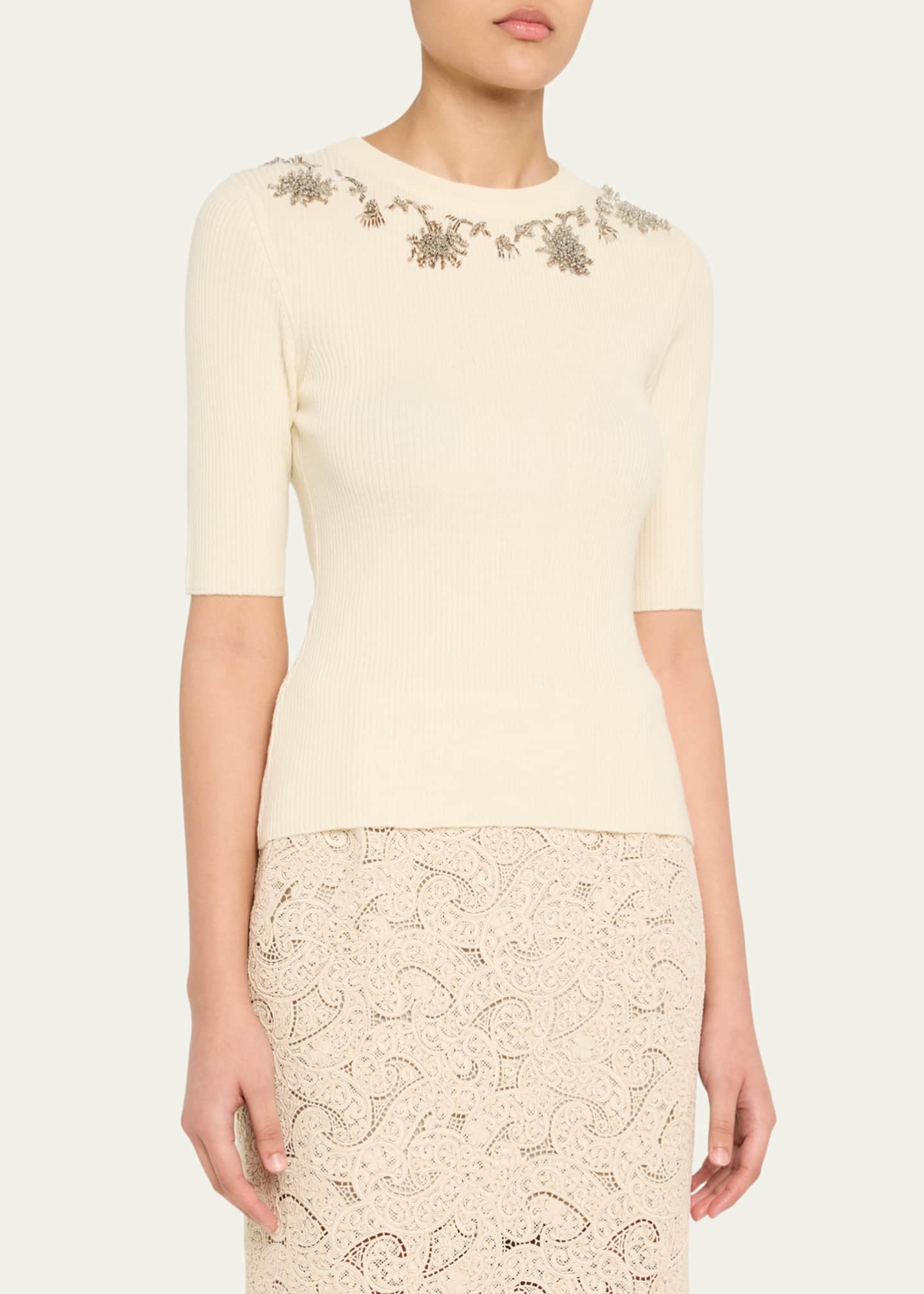Prabal Gurung Floral Embroidered Elbow-Sleeve Rib Sweater Image 4 of 5
