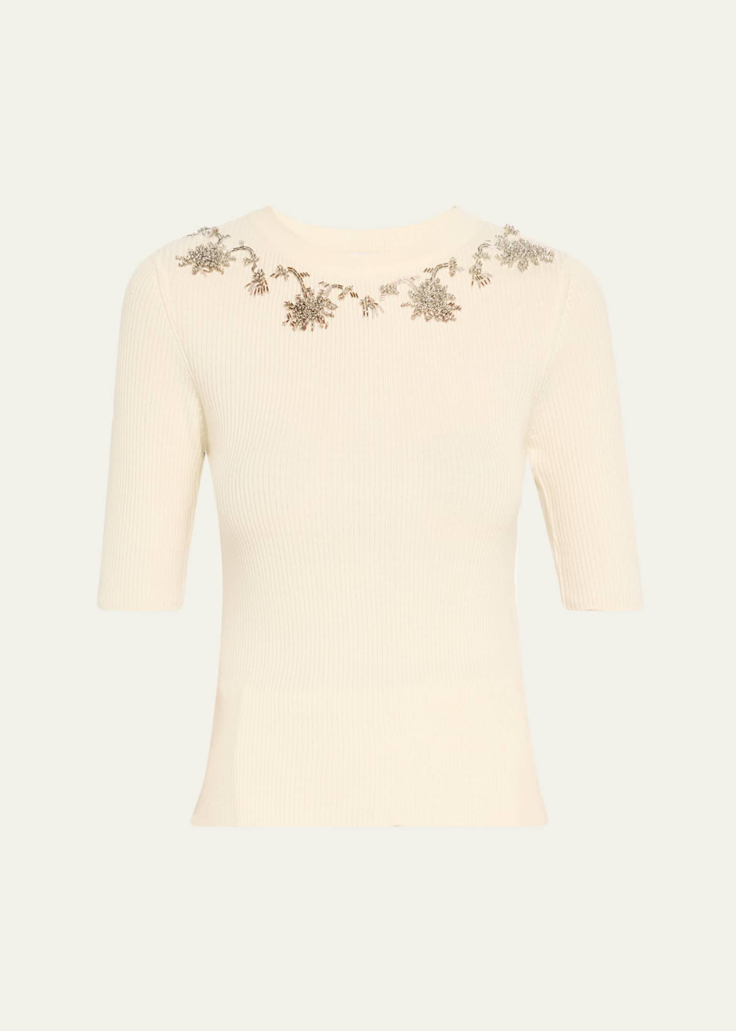 Prabal Gurung Floral Embroidered Elbow-Sleeve Rib Sweater Image 1 of 5