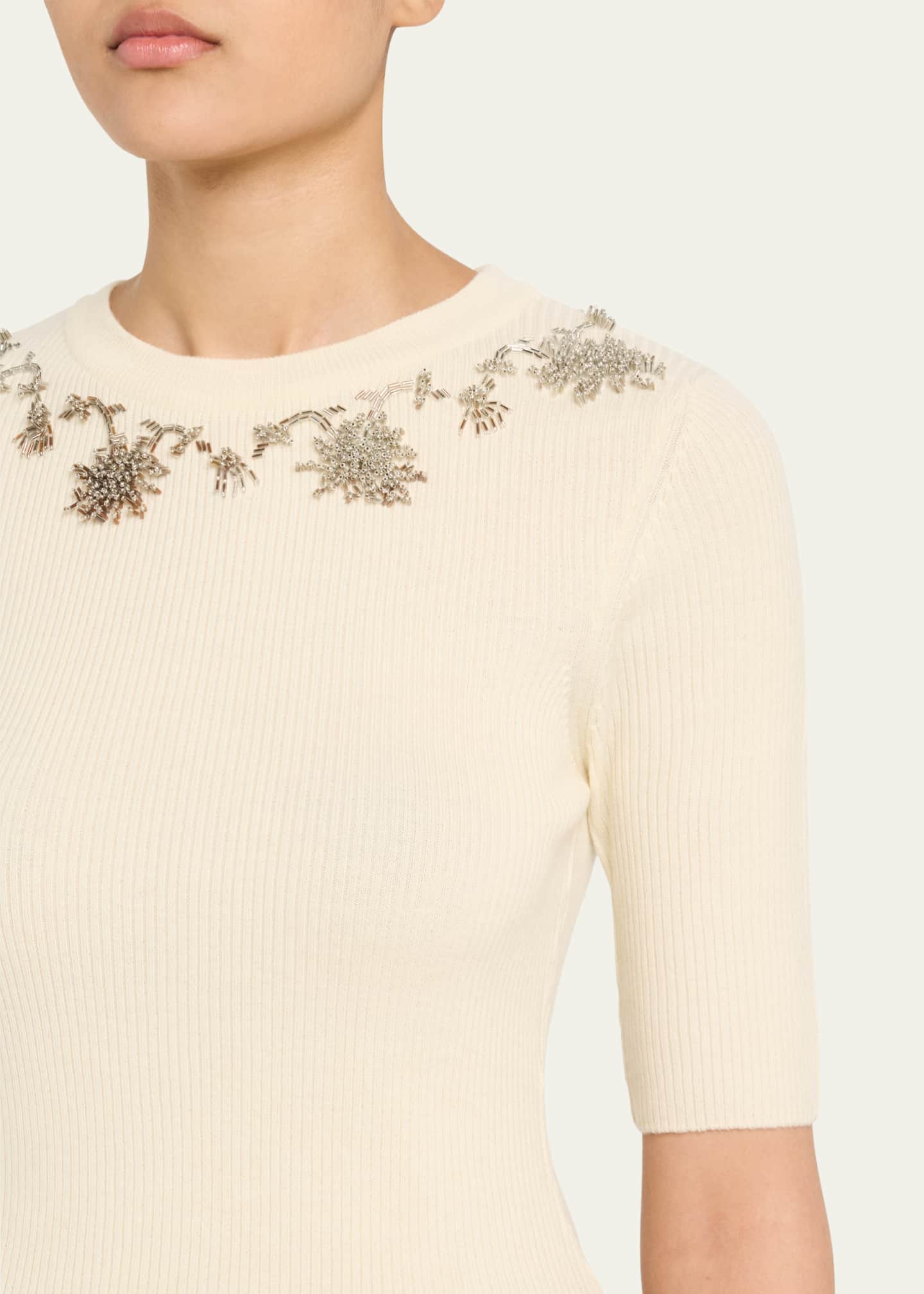 Prabal Gurung Floral Embroidered Elbow-Sleeve Rib Sweater Image 5 of 5