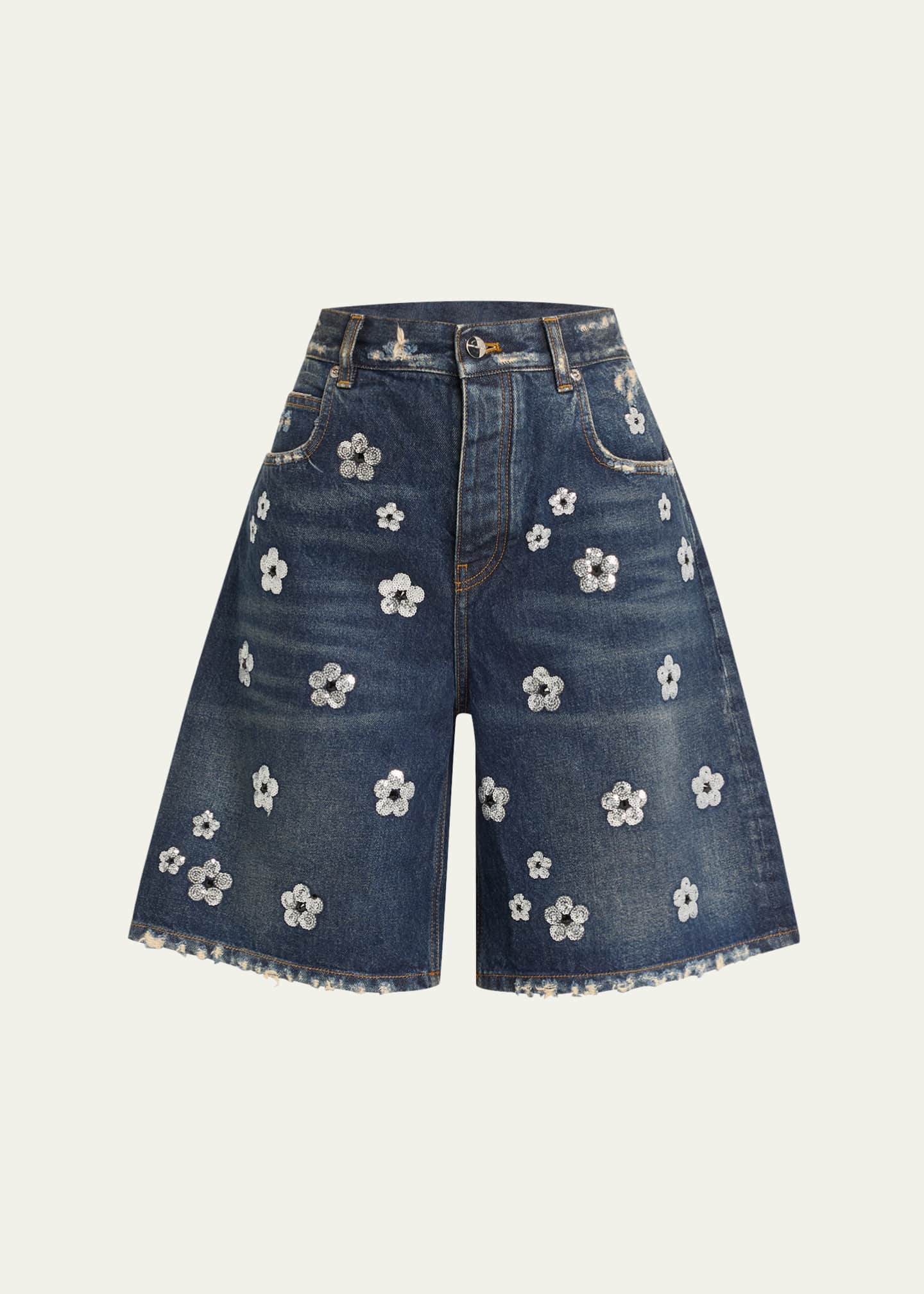 Marc Jacobs Daisy Sequined Wide-Leg Denim Bermuda Shorts Image 1 of 5