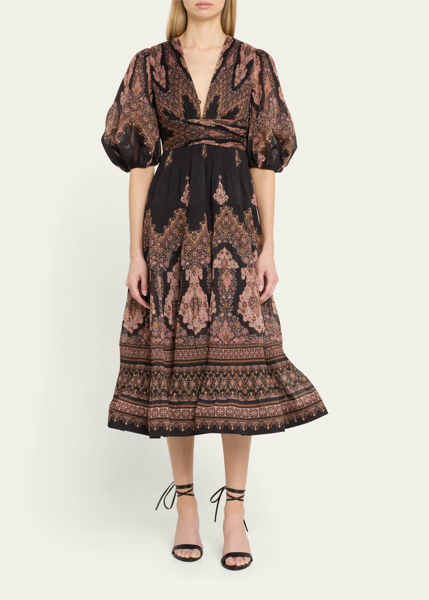 Zimmermann Pleated Puff-Sleeve Midi Dress Image 2 of 5