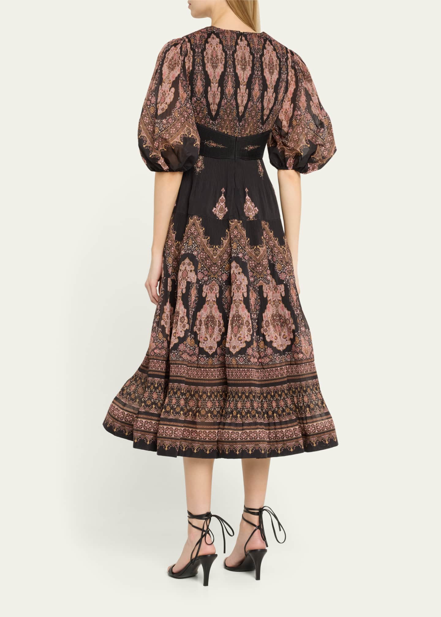 Zimmermann Pleated Puff-Sleeve Midi Dress Image 3 of 5
