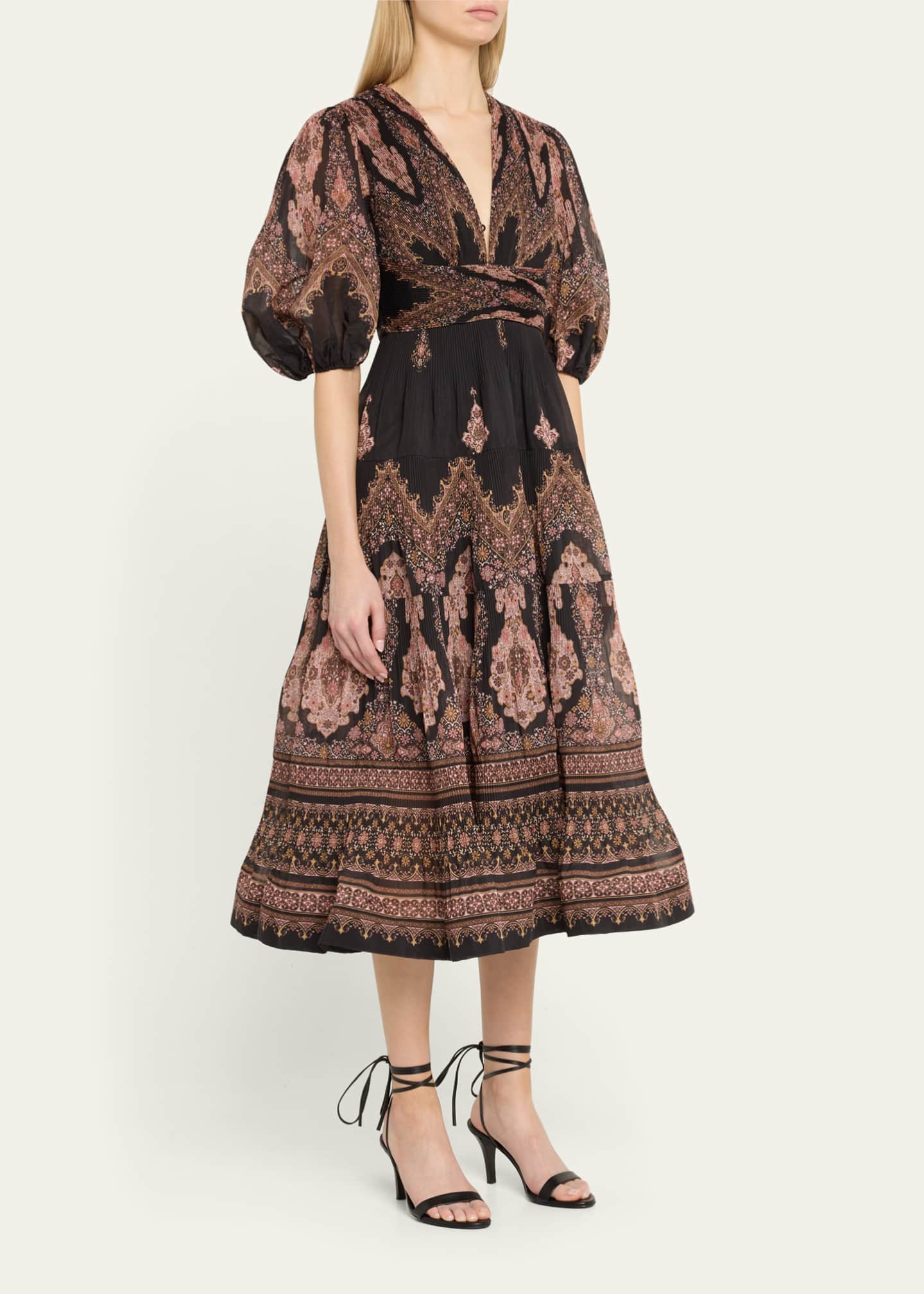 Zimmermann Pleated Puff-Sleeve Midi Dress Image 4 of 5
