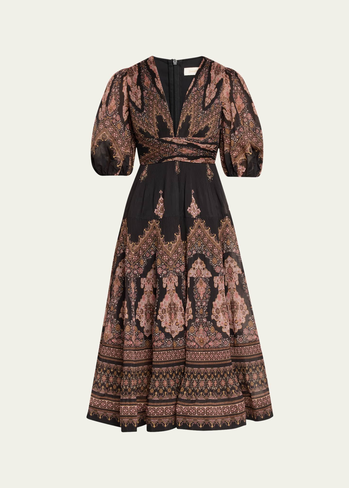 Zimmermann Pleated Puff-Sleeve Midi Dress Image 1 of 5