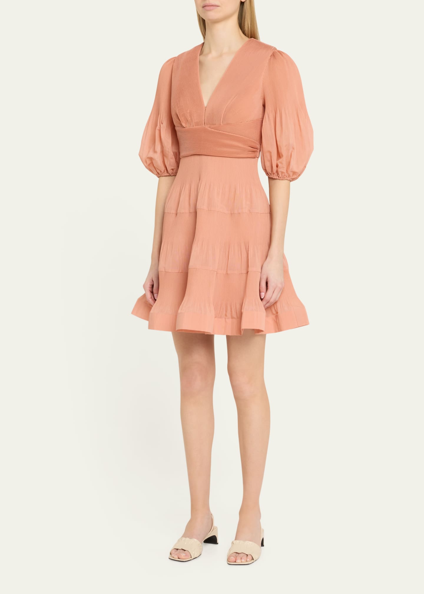 Zimmermann Pleated Puff-Sleeve Mini Dress Image 4 of 5