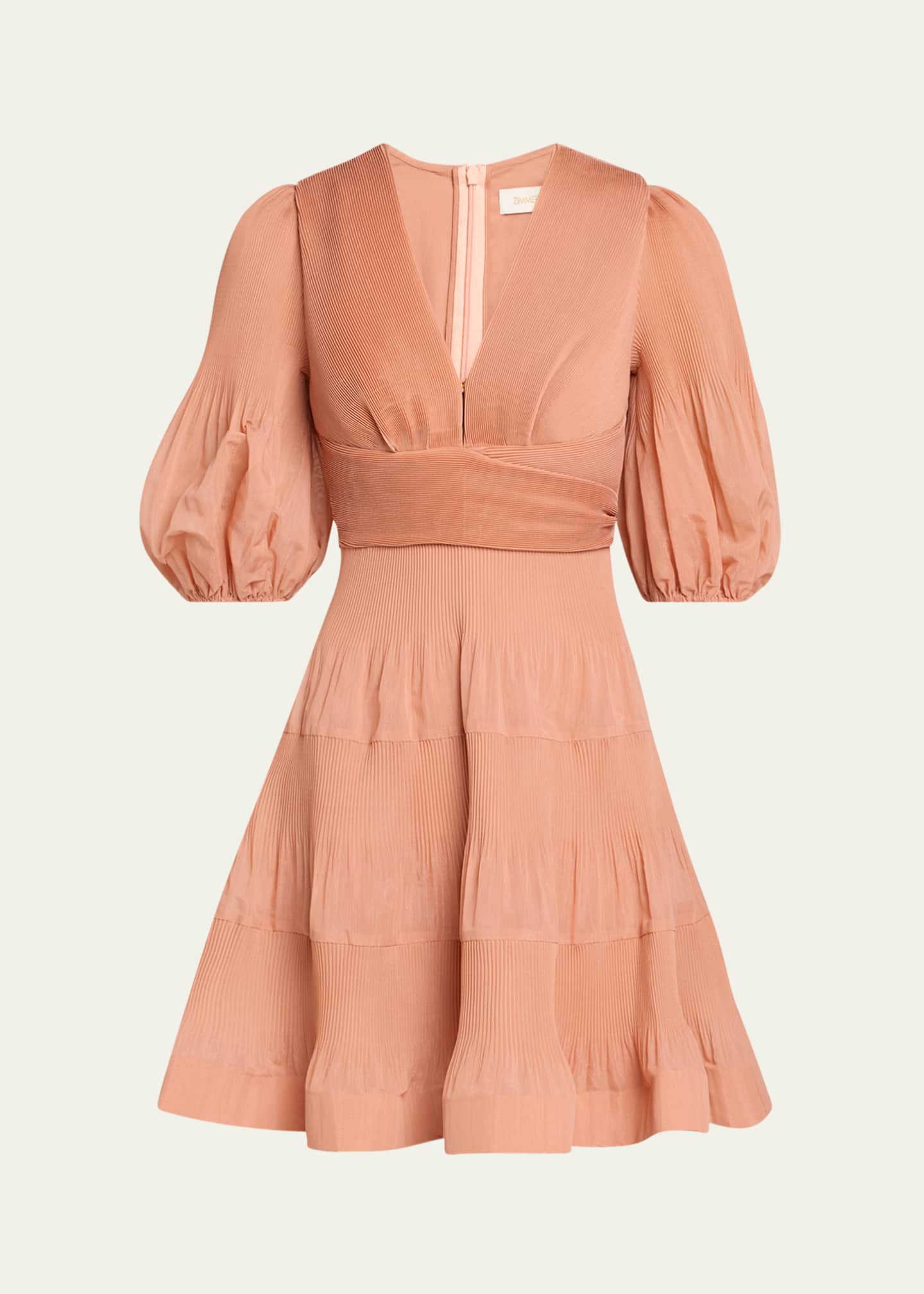 Zimmermann Pleated Puff-Sleeve Mini Dress Image 1 of 5