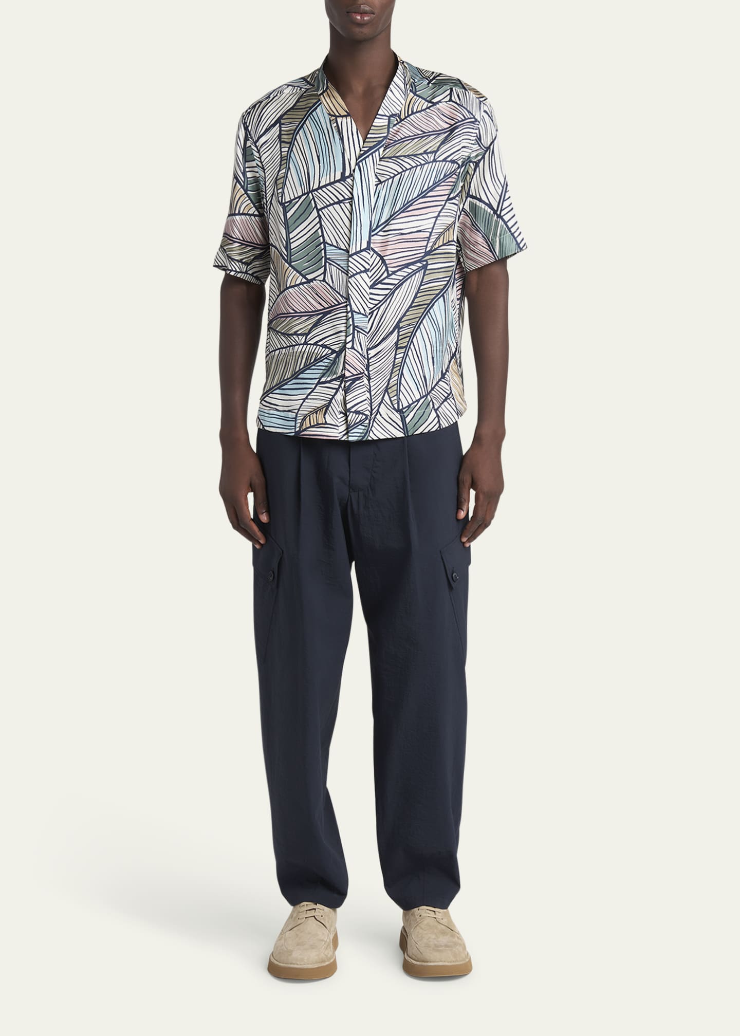 Giorgio Armani Men's Palm-Print Silk Twill Camp Shirt Image 2 of 5
