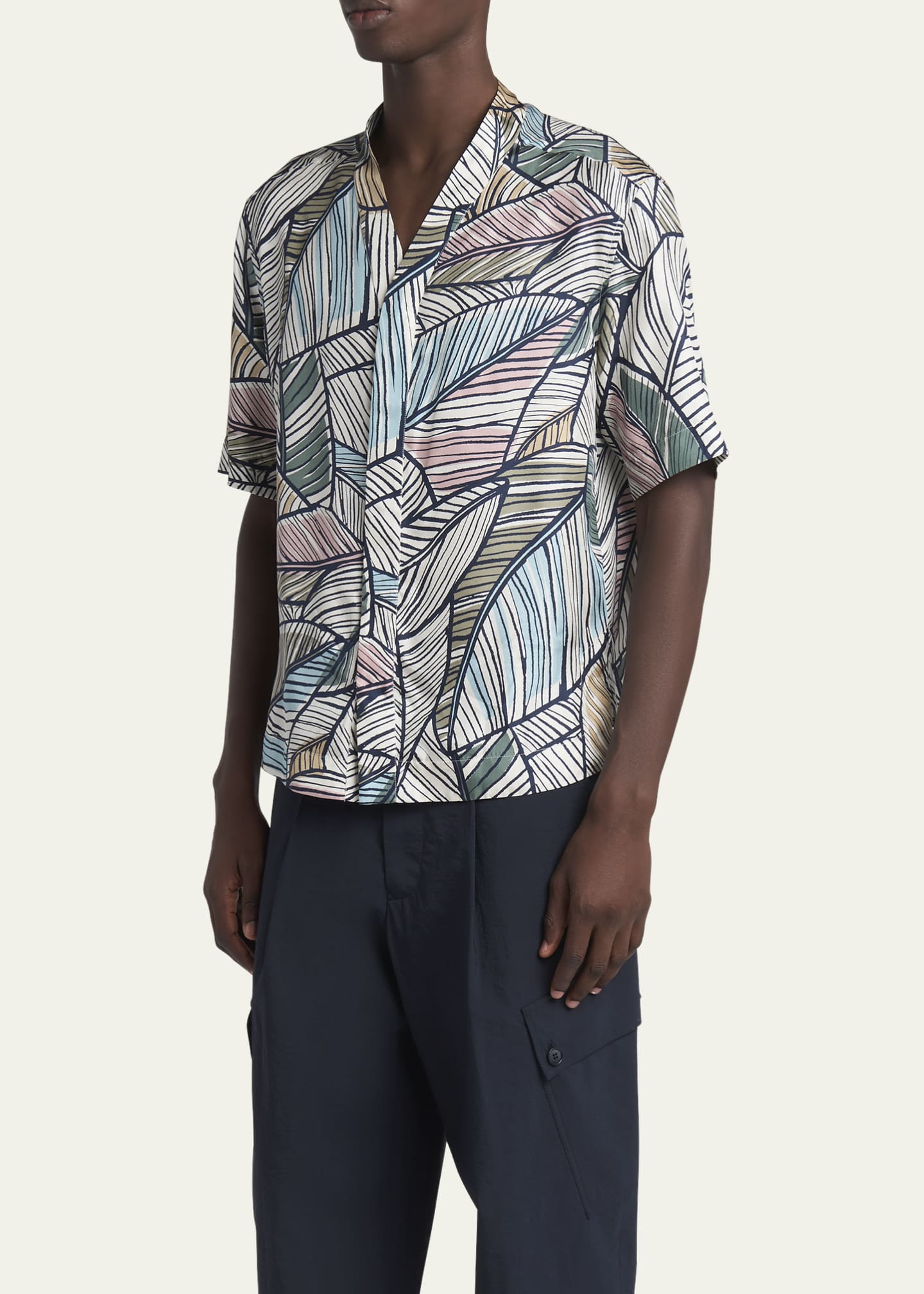 Giorgio Armani Men's Palm-Print Silk Twill Camp Shirt Image 4 of 5