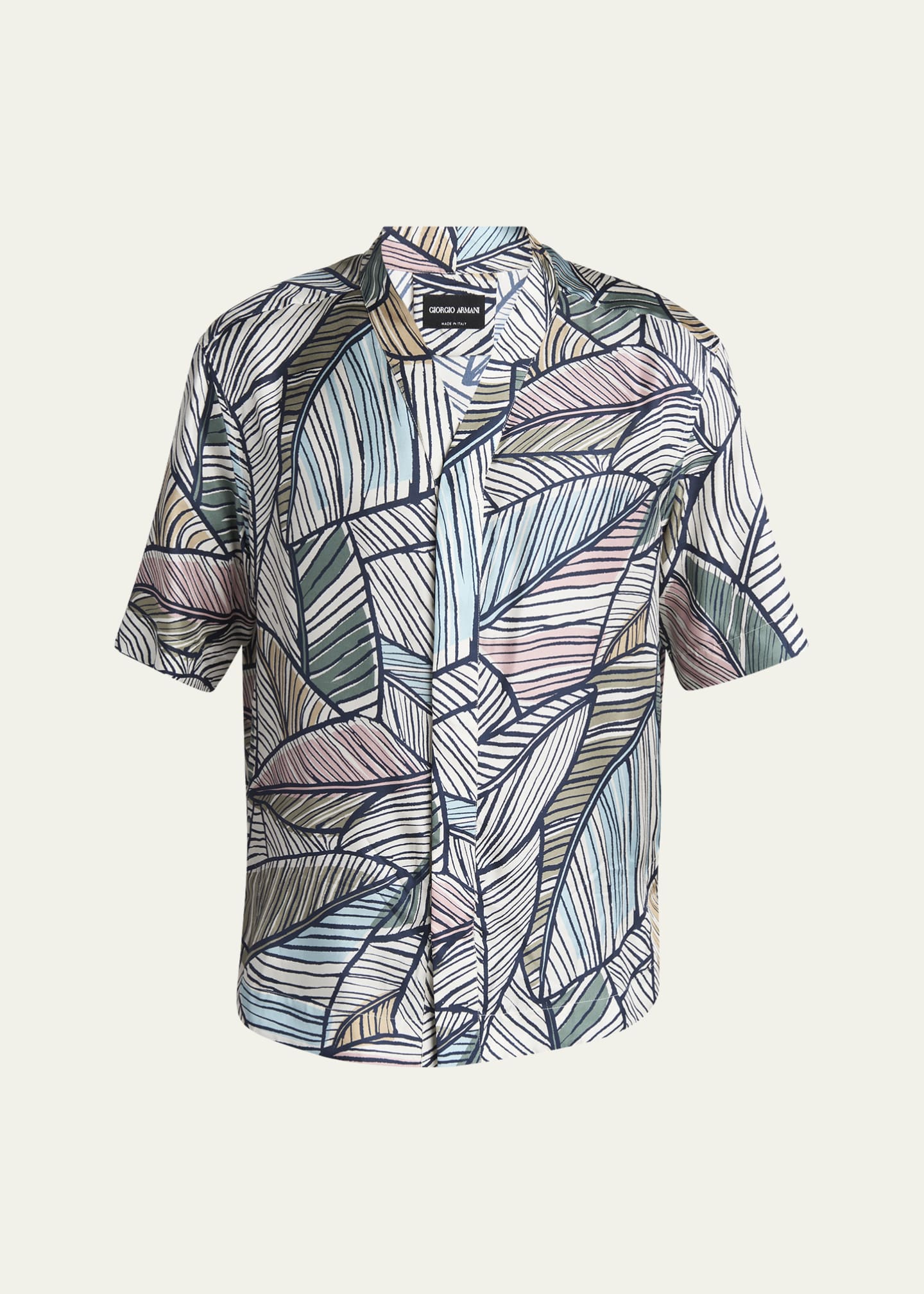 Giorgio Armani Men's Palm-Print Silk Twill Camp Shirt Image 1 of 5