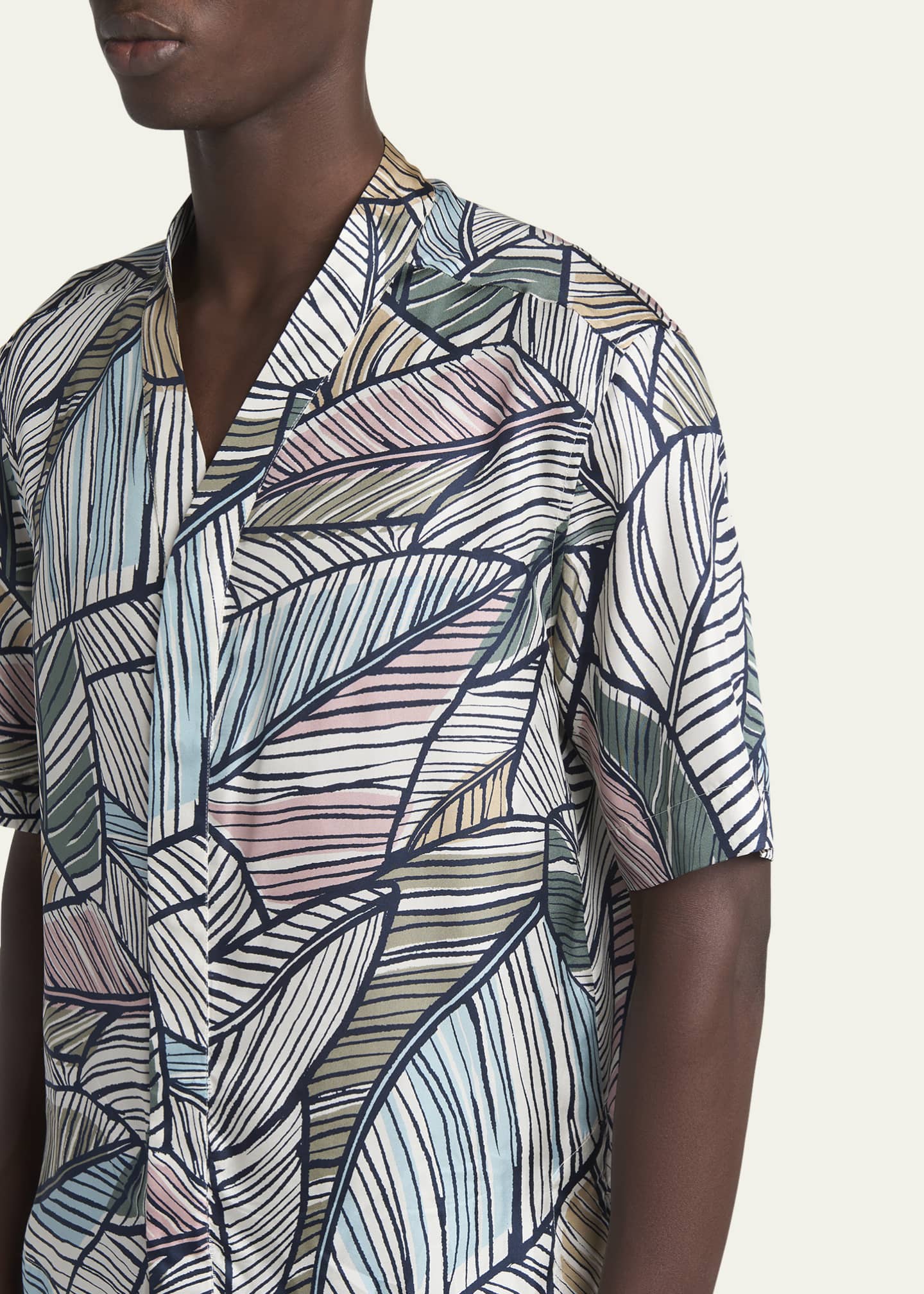 Giorgio Armani Men's Palm-Print Silk Twill Camp Shirt Image 5 of 5