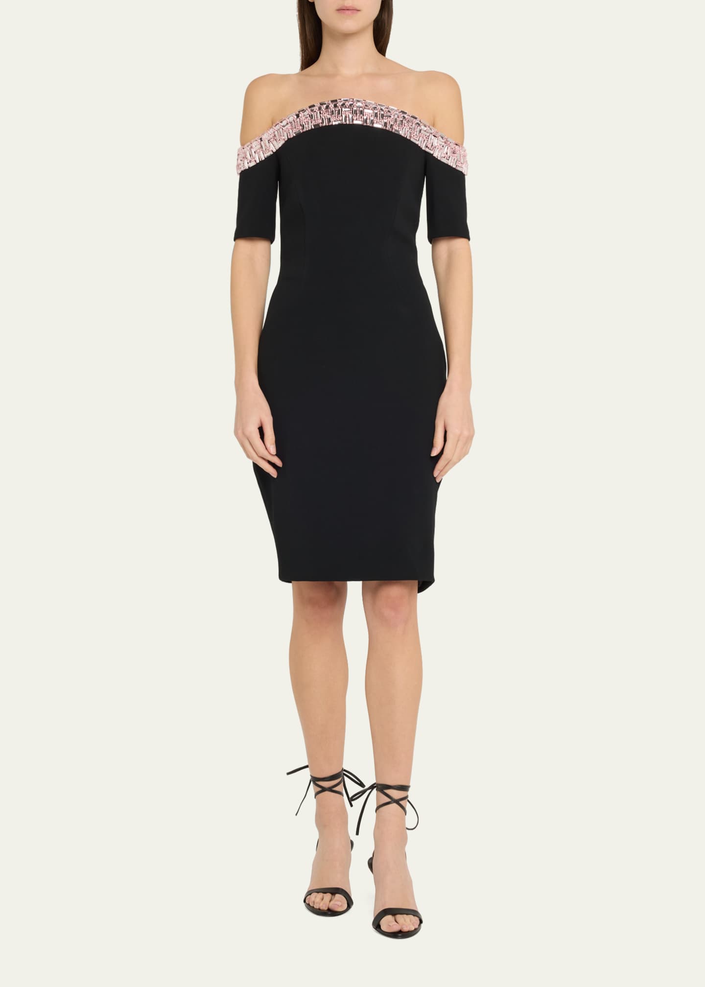 Off-Shoulder Crystal Neck-Trim Crepe Cocktail Dress - Thumbnail 2