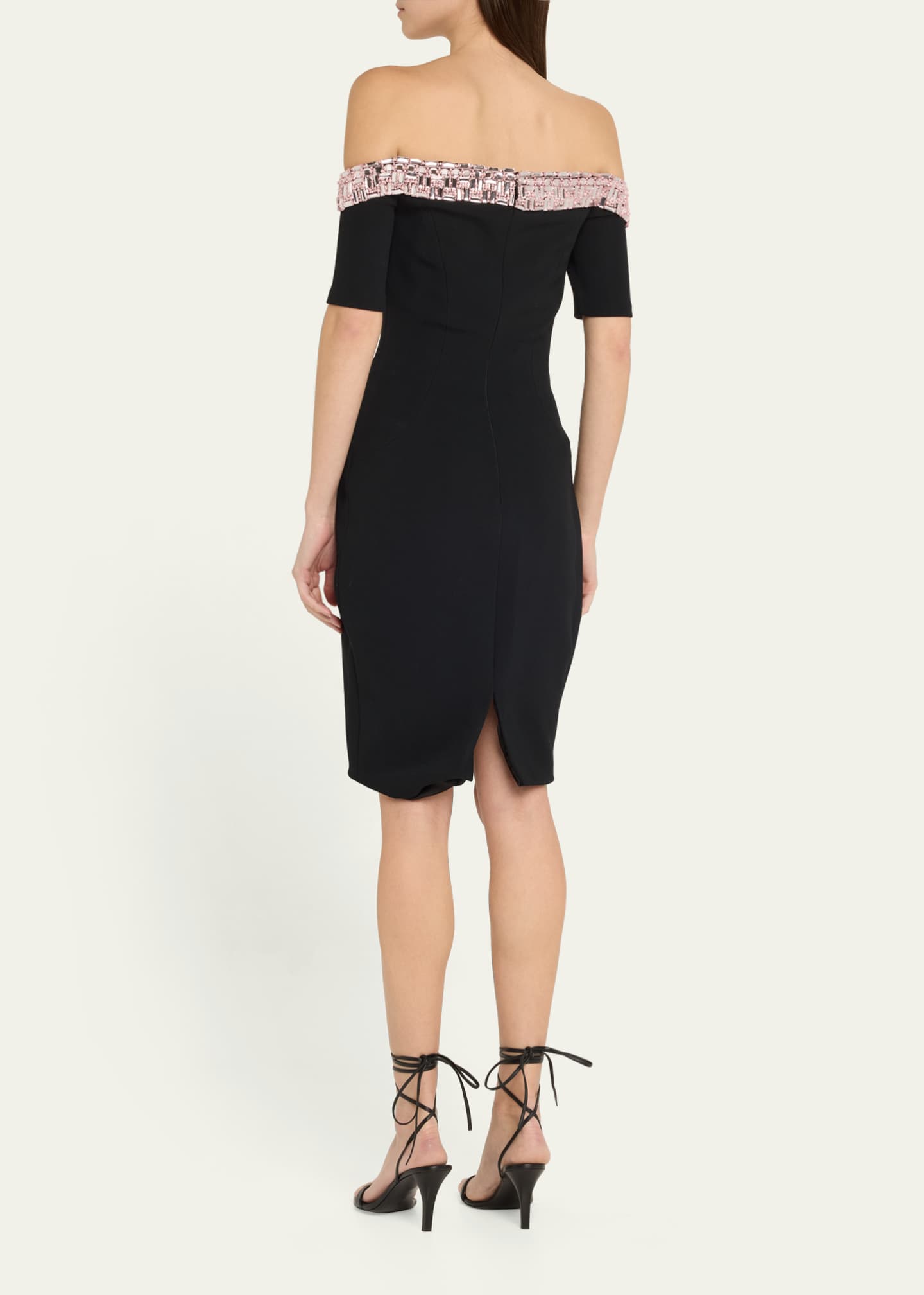 Off-Shoulder Crystal Neck-Trim Crepe Cocktail Dress - Thumbnail 3