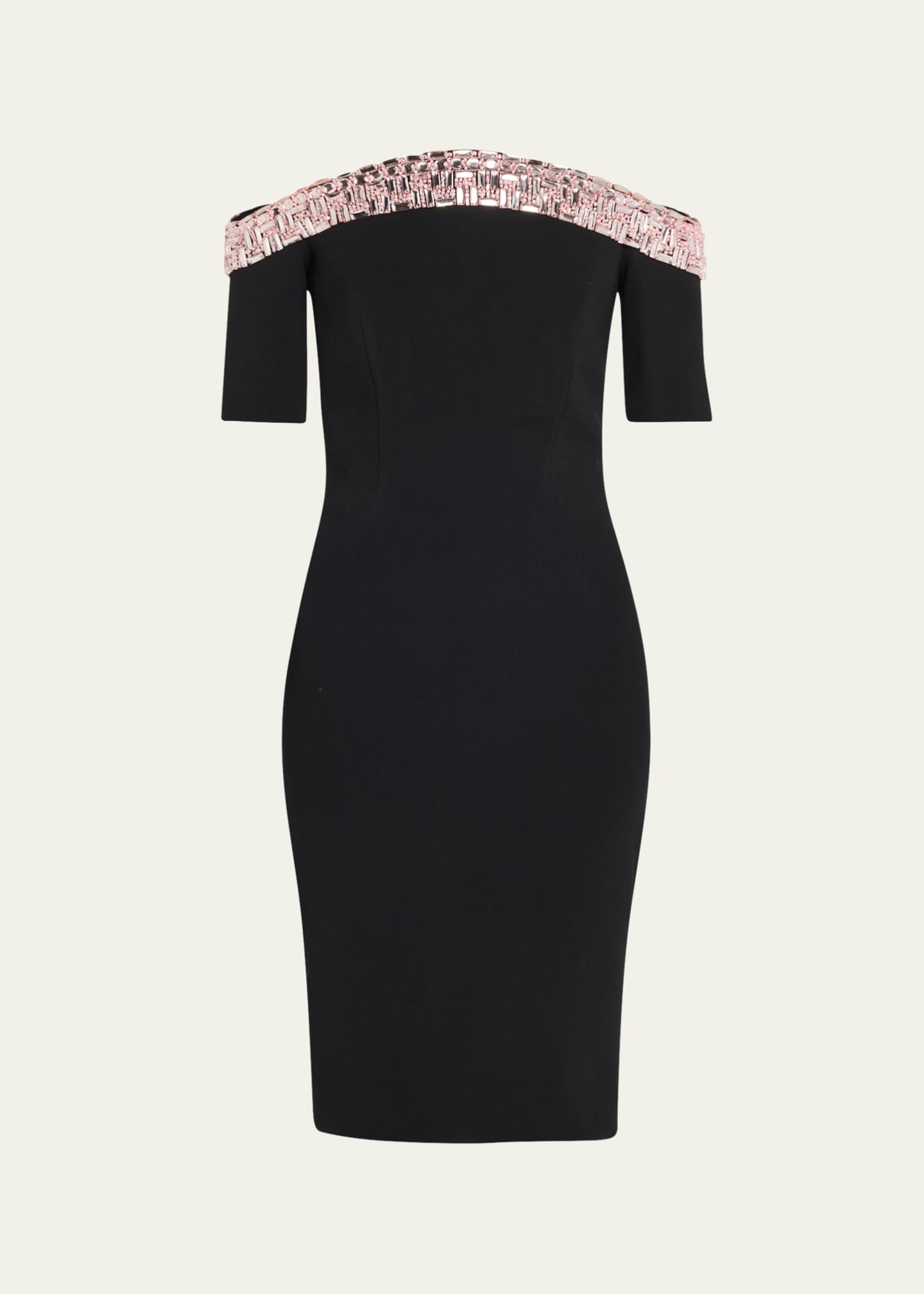 Off-Shoulder Crystal Neck-Trim Crepe Cocktail Dress