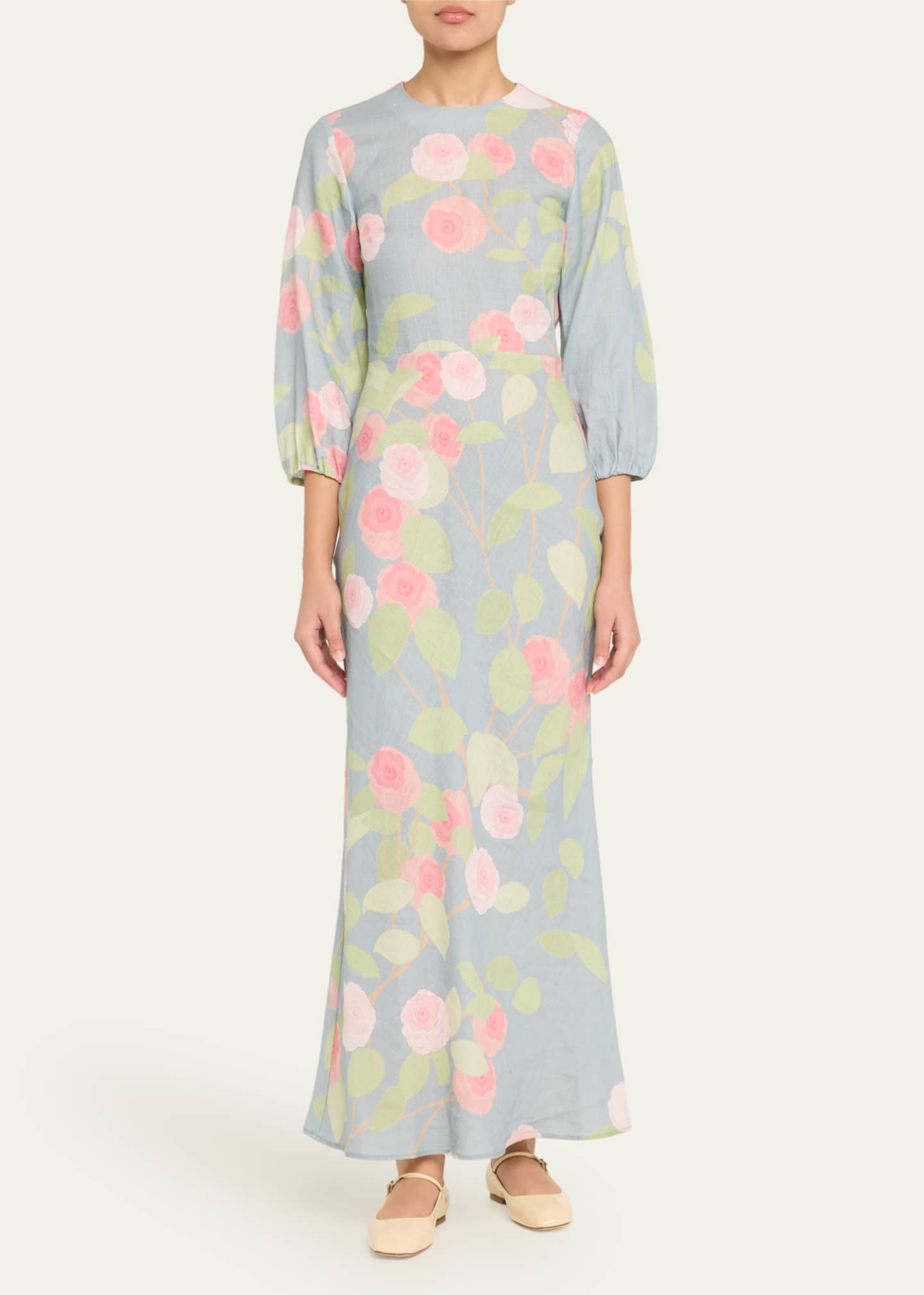 BERNADETTE Flower Printed Linen Long Dress Image 2 of 5