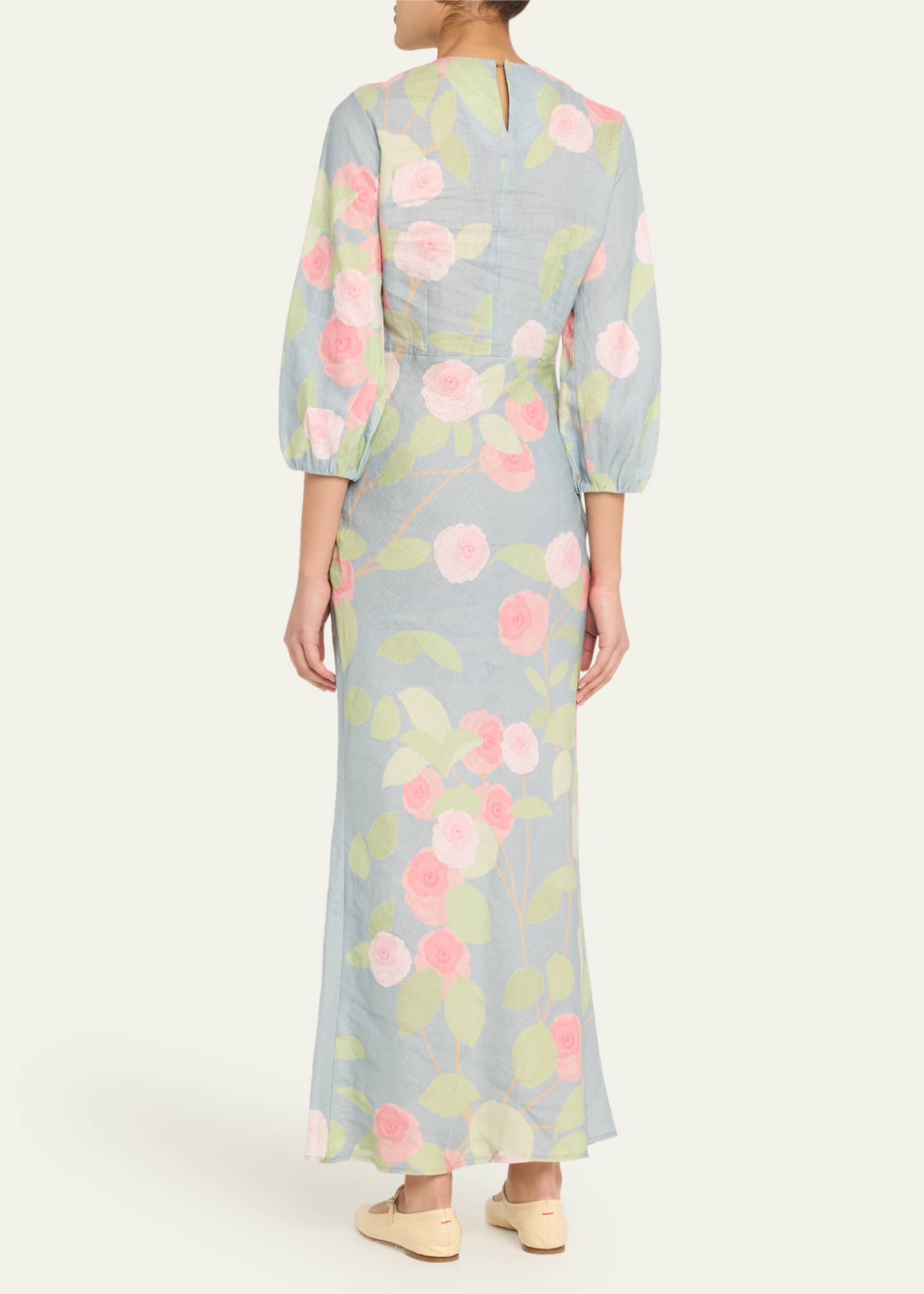 BERNADETTE Flower Printed Linen Long Dress Image 3 of 5