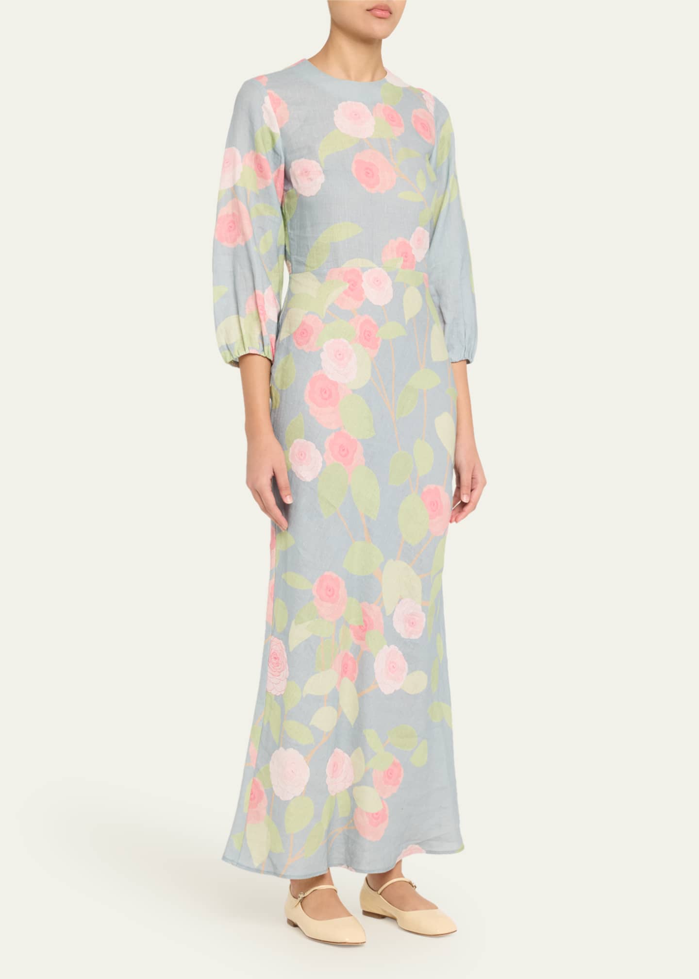 BERNADETTE Flower Printed Linen Long Dress Image 4 of 5