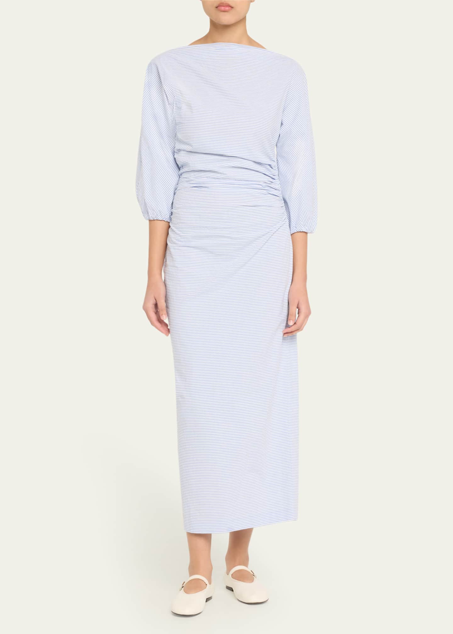 BERNADETTE Striped Puff Sleeve Draped Dress Image 2 of 5