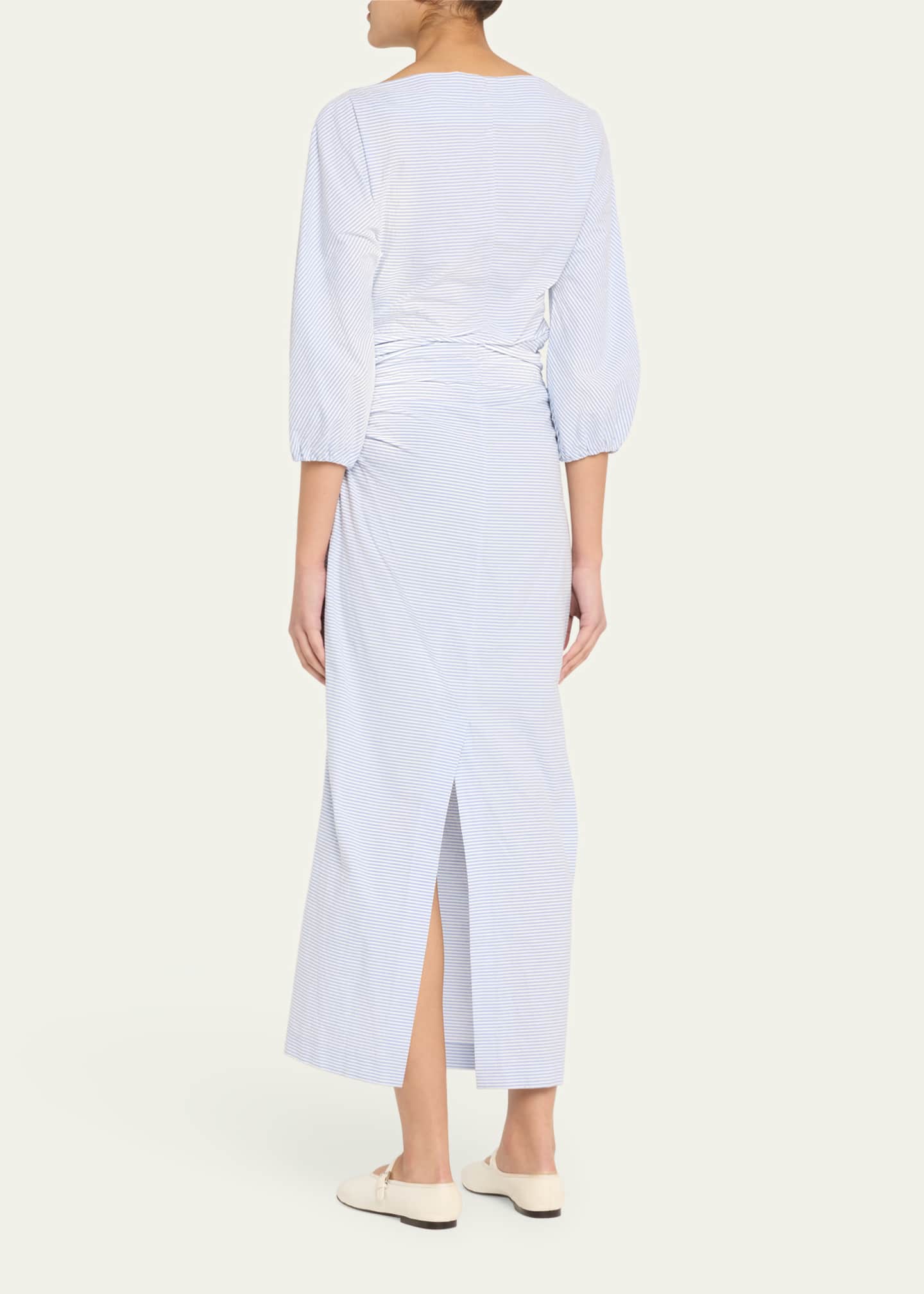 BERNADETTE Striped Puff Sleeve Draped Dress Image 3 of 5