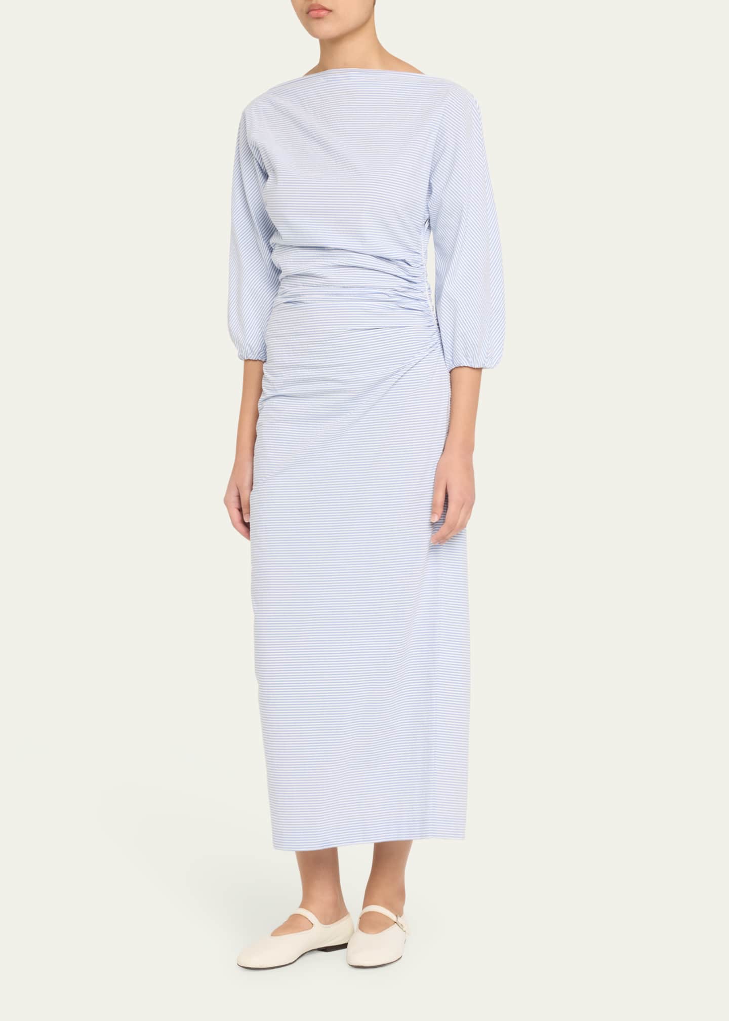 BERNADETTE Striped Puff Sleeve Draped Dress Image 4 of 5