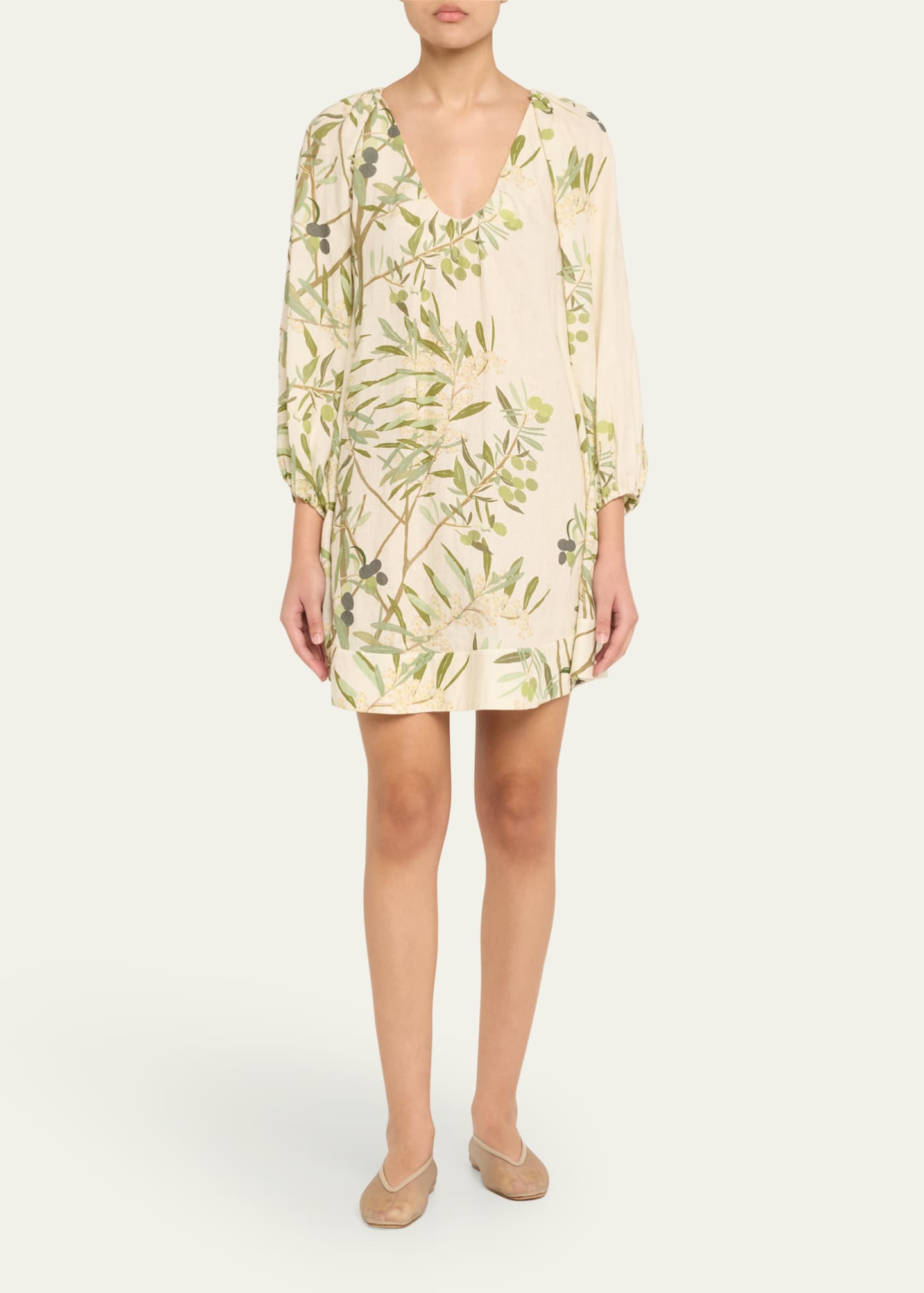 Flowy Puff-Sleeve Printed Linen Mini Dress