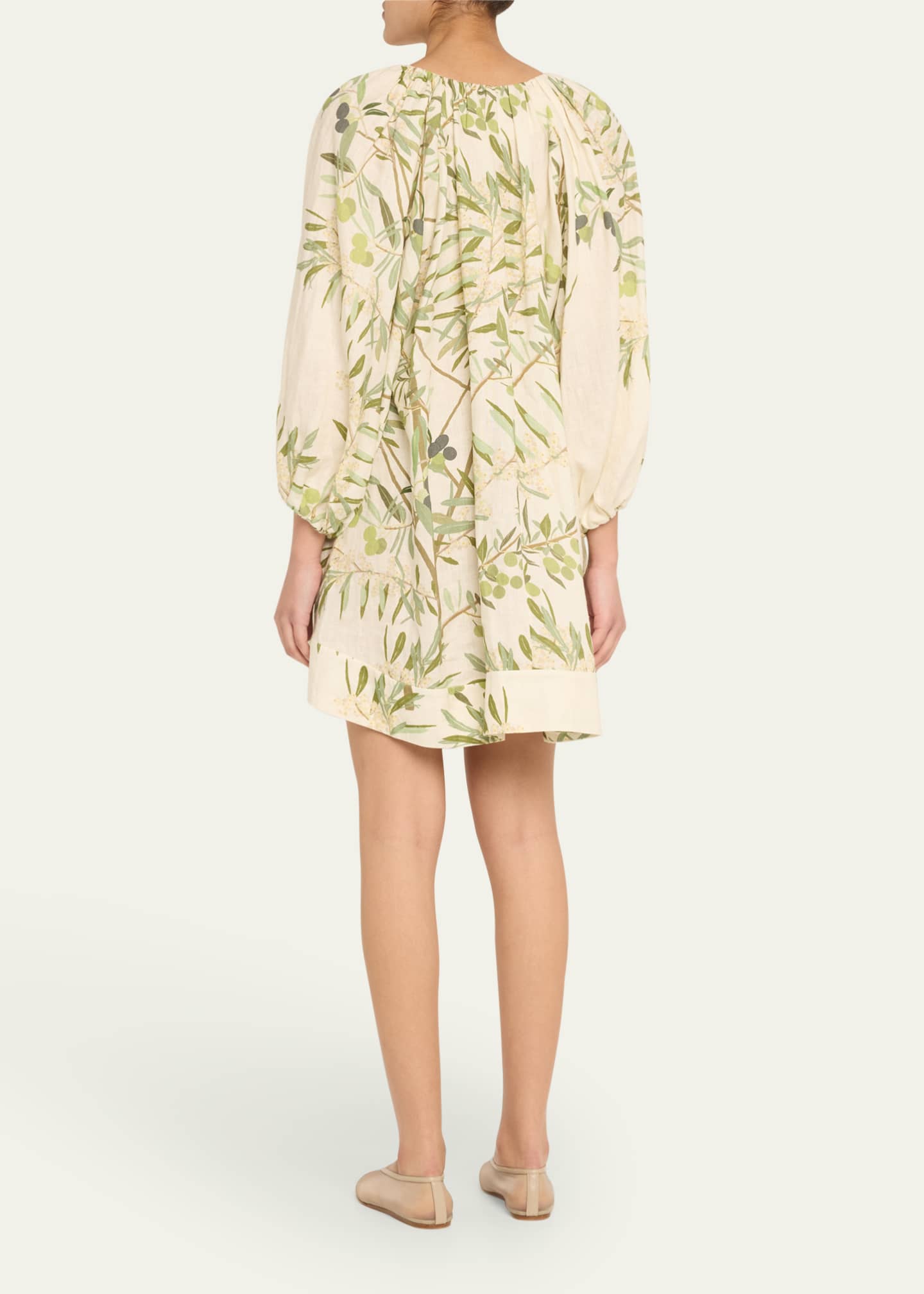 Flowy Puff-Sleeve Printed Linen Mini Dress
