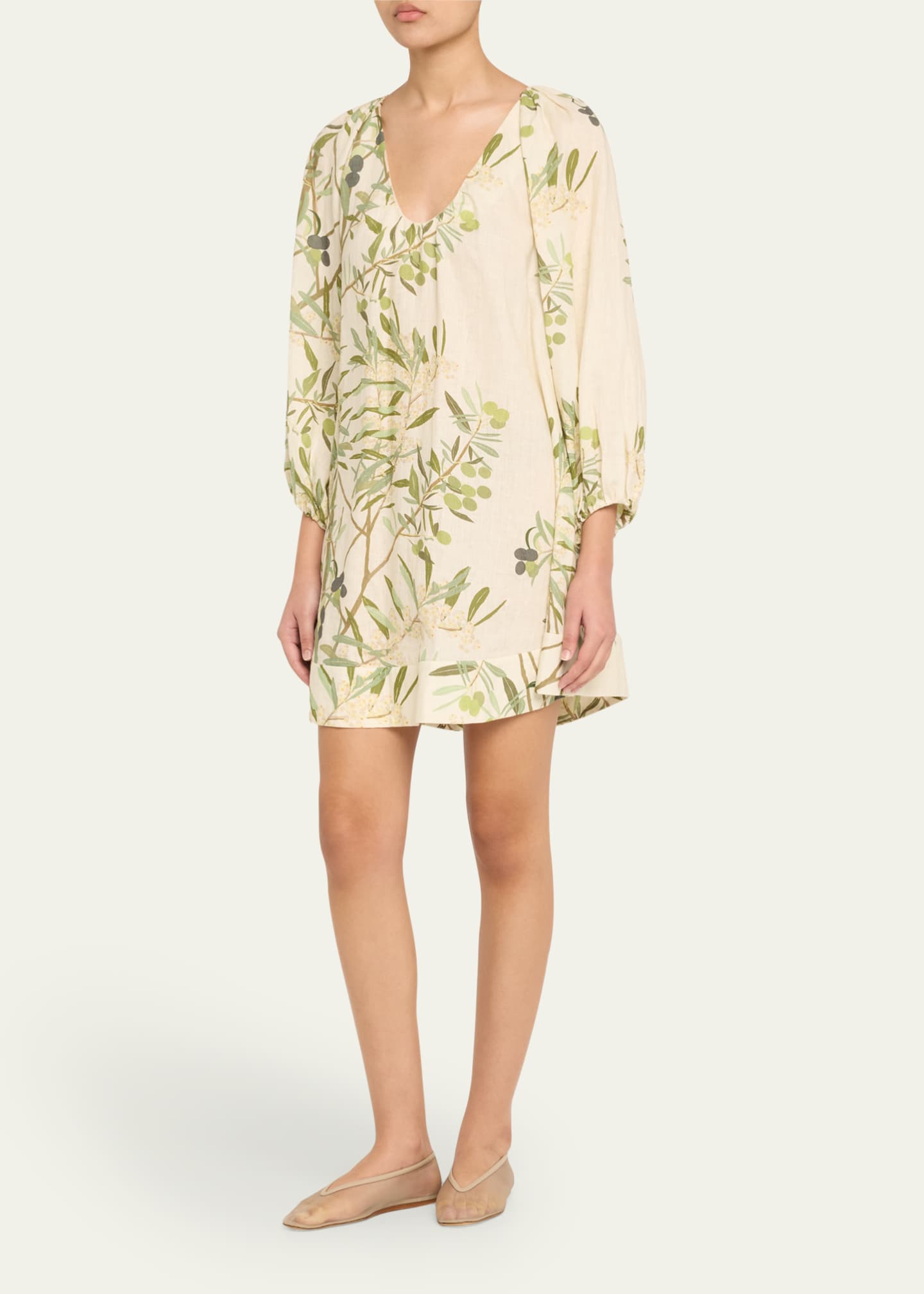 Flowy Puff-Sleeve Printed Linen Mini Dress