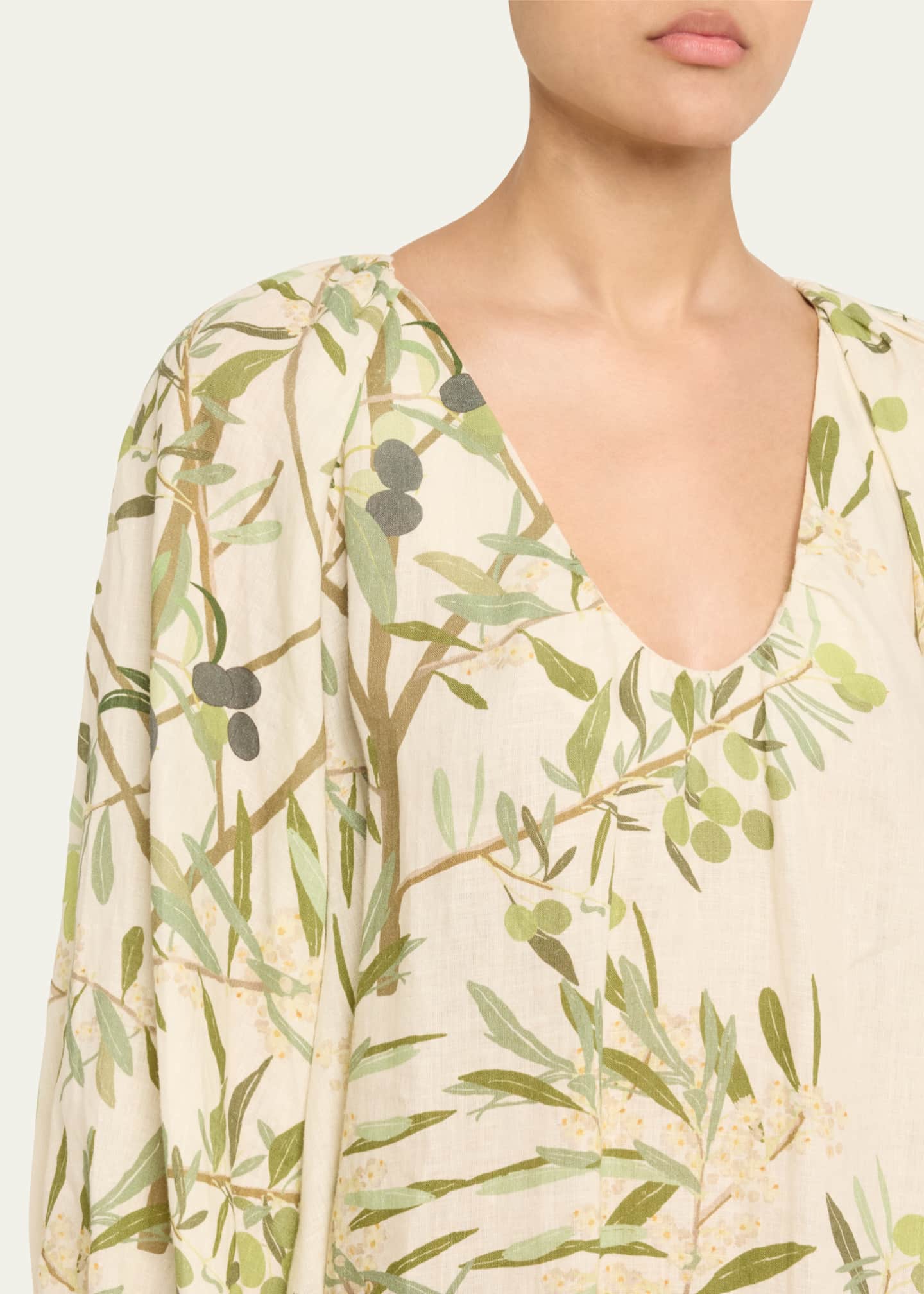 Flowy Puff-Sleeve Printed Linen Mini Dress
