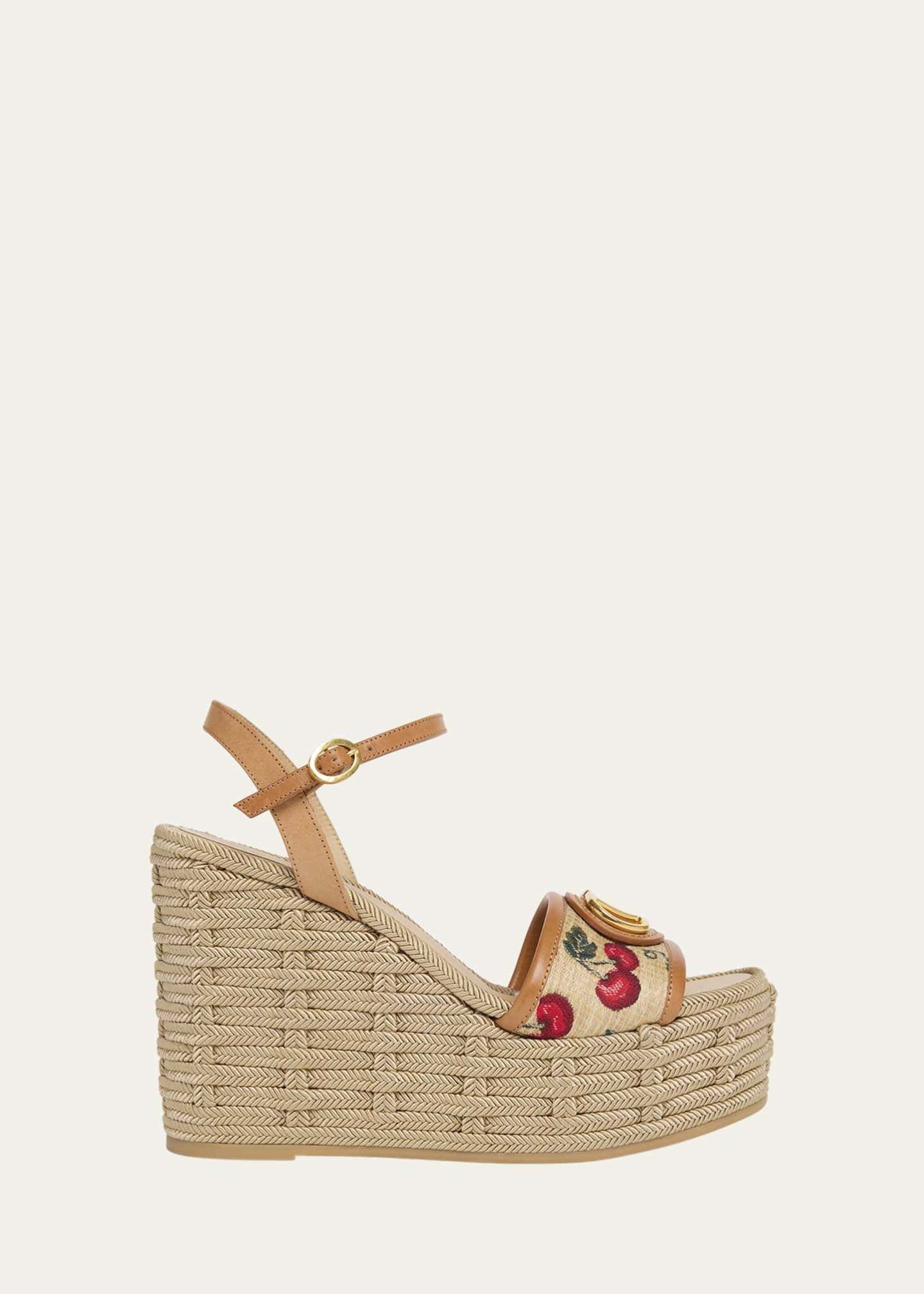 Valentino Garavani VLogo Cherry Jacquard Raffia-Wedge Espadrilles Image 1 of 4