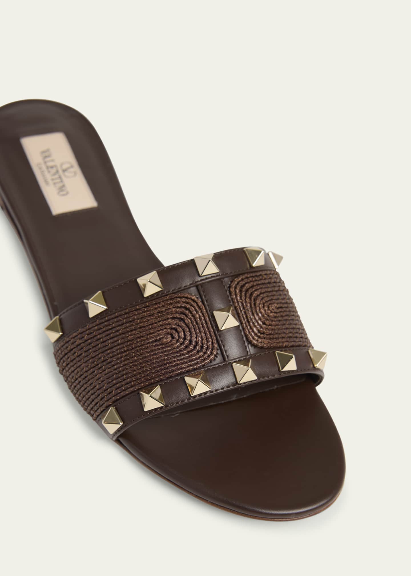 Valentino Garavani Rockstud Raffia Flat Slide Sandals Image 3 of 4