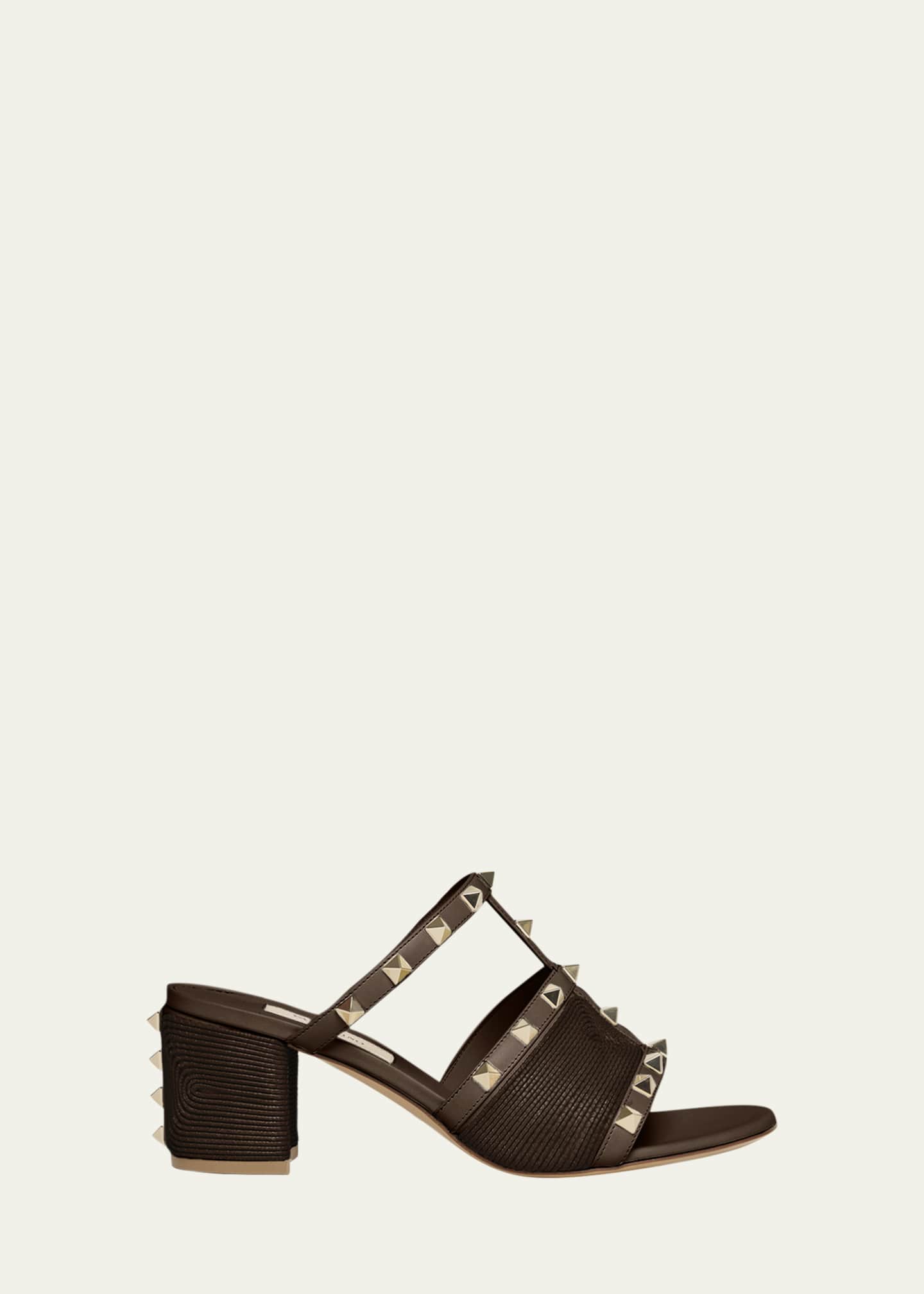Valentino Rockstud Raffia Block-Heel Slide Sandals Image 1 of 4