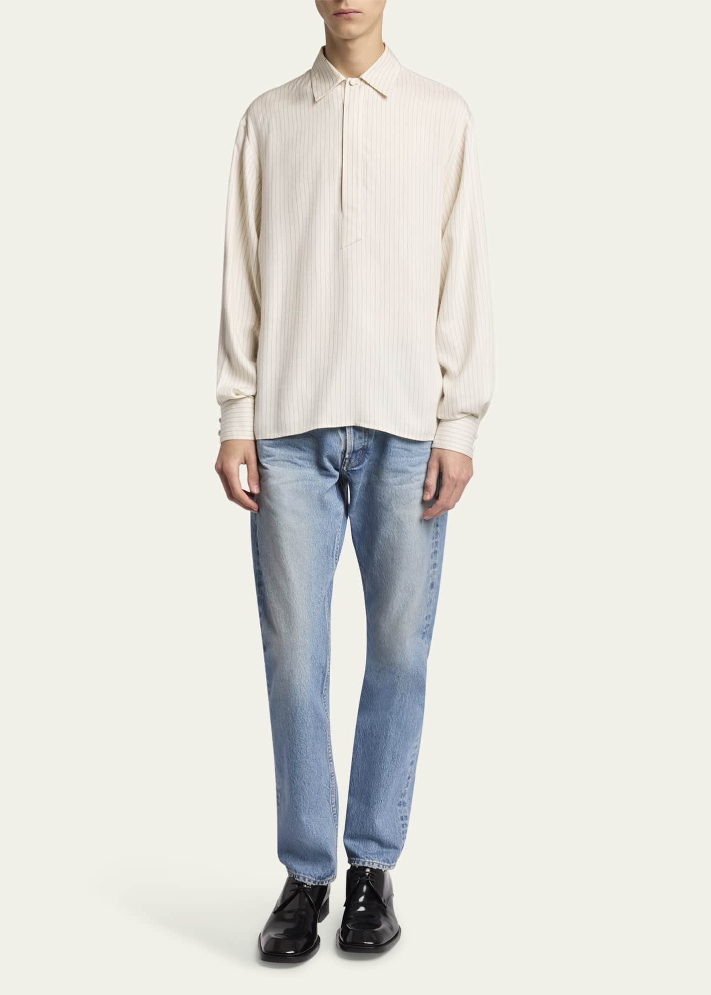 Saint Laurent Men's Striped Half-Placket Dress Shirt Image 2 of 5