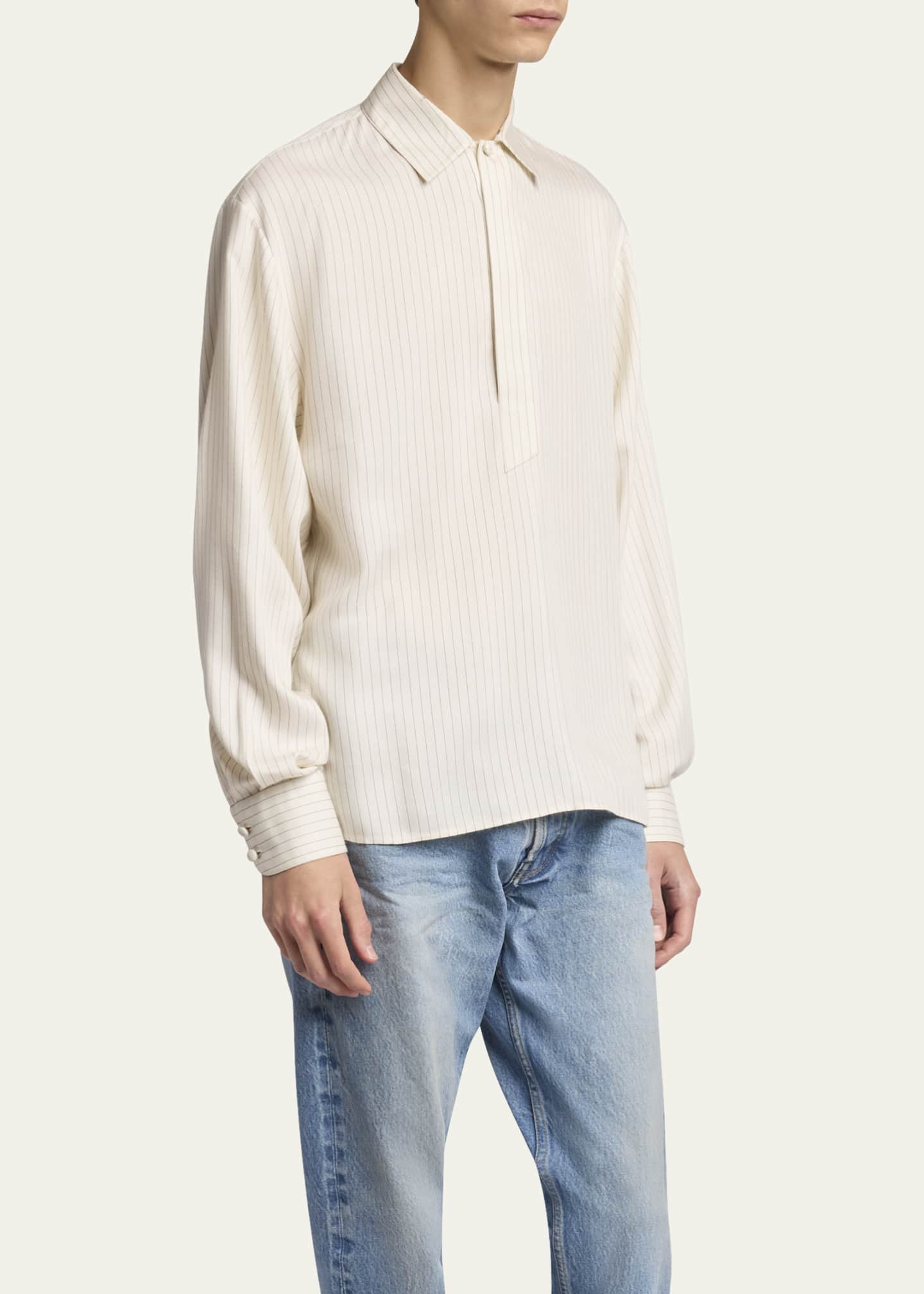 Saint Laurent Men's Striped Half-Placket Dress Shirt Image 4 of 5