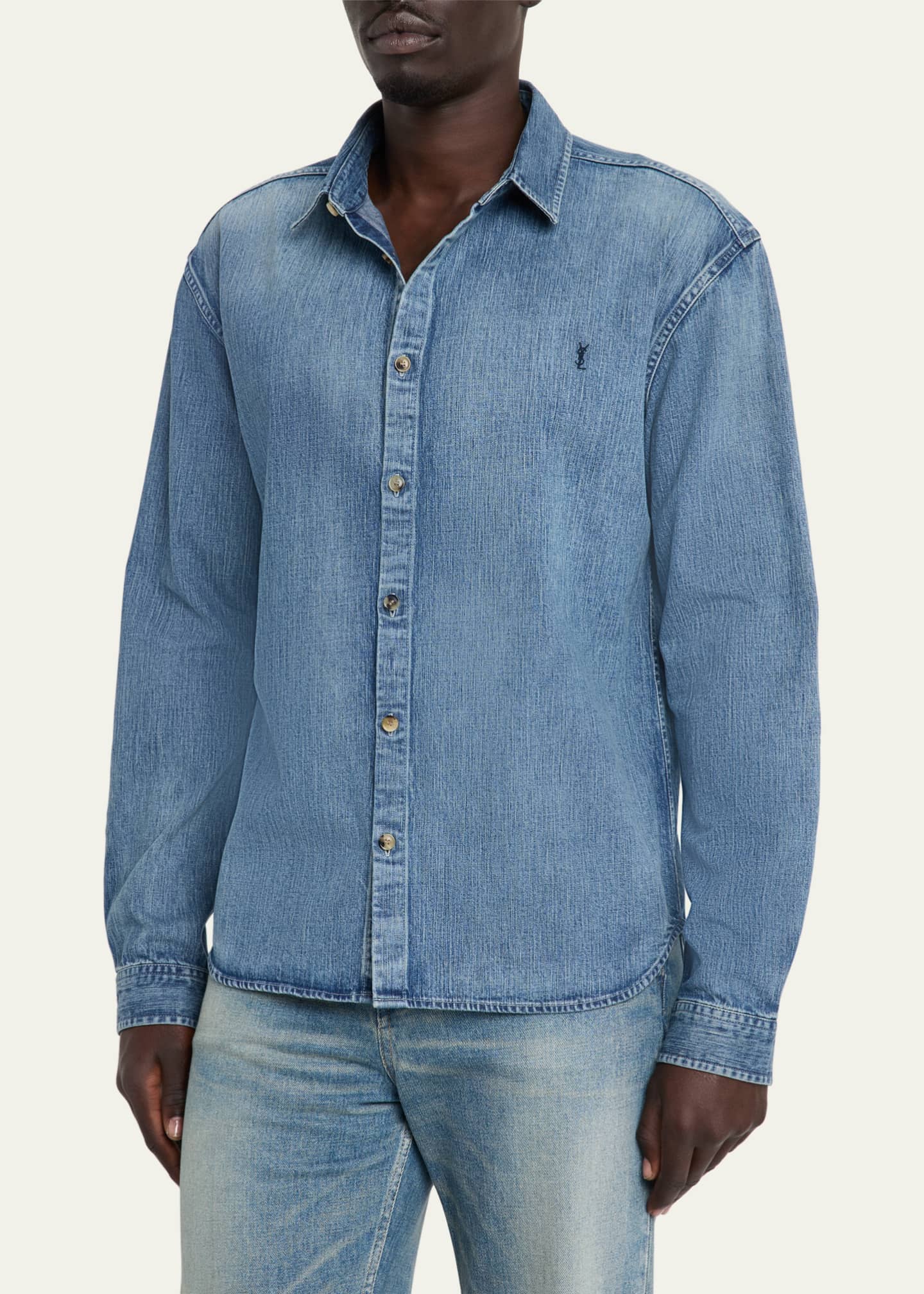 サンローラン DISTRESSED DENIM MILITARY SHIRT Saint Laurent Men's Cassandra Denim Button-Down Shirt - Bergdorf