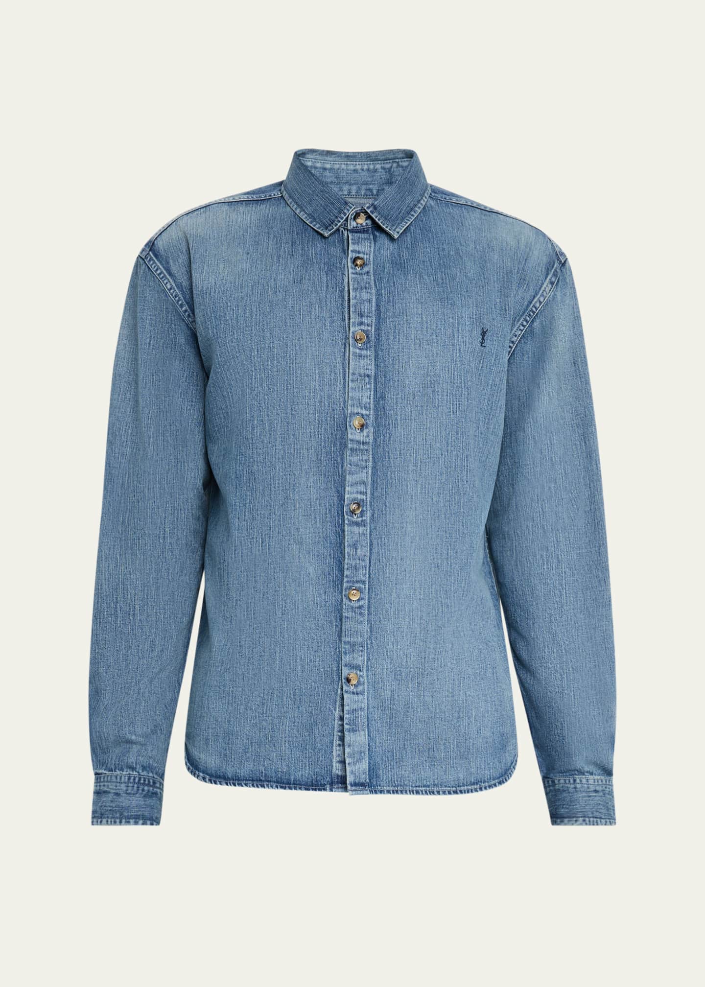 サンローラン DISTRESSED DENIM MILITARY SHIRT Saint Laurent Men's Cassandra Denim Button-Down Shirt - Bergdorf
