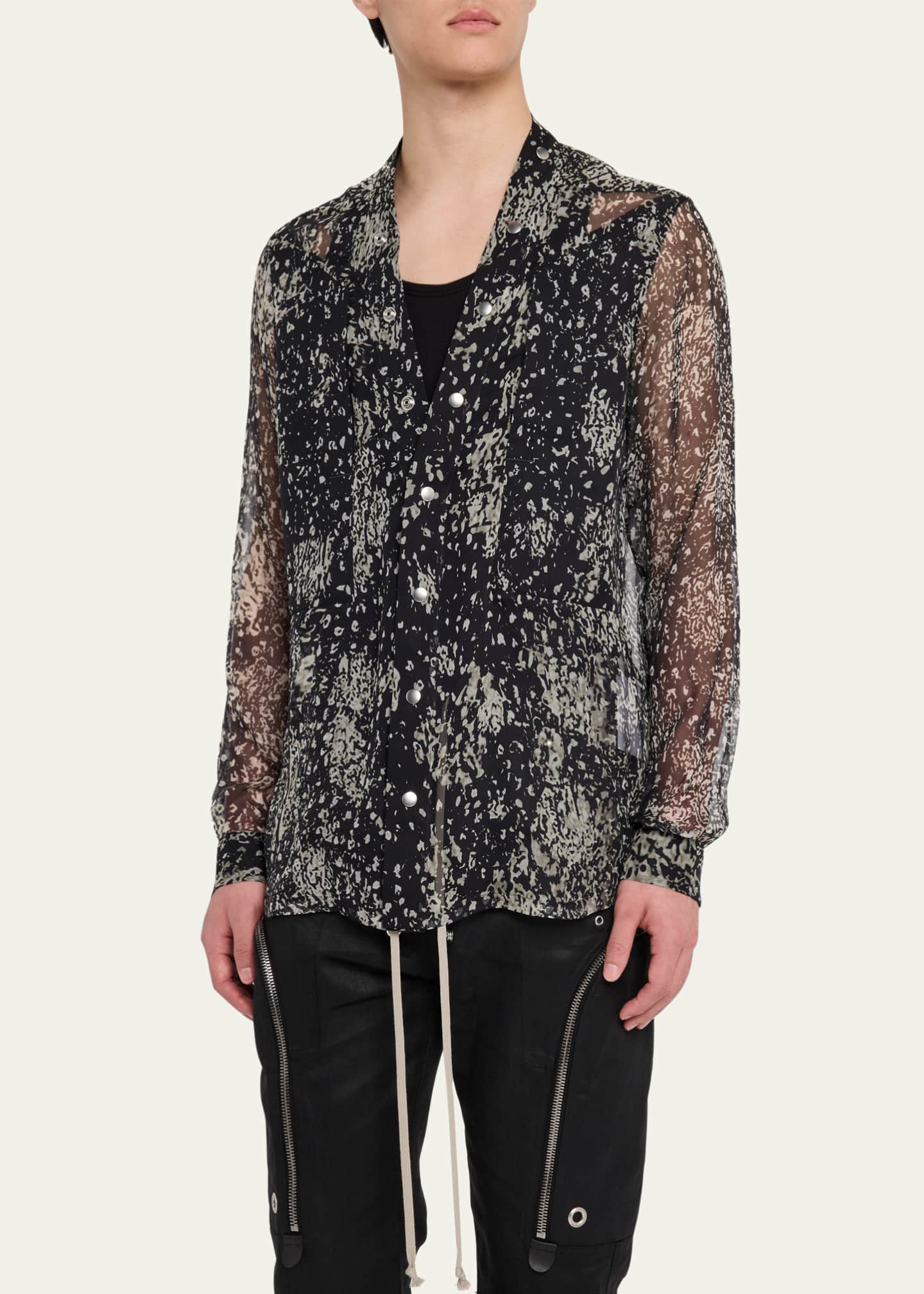 Rick Owens Men's Gauze Wolfish-Print Larry Shirt Image 4 of 5