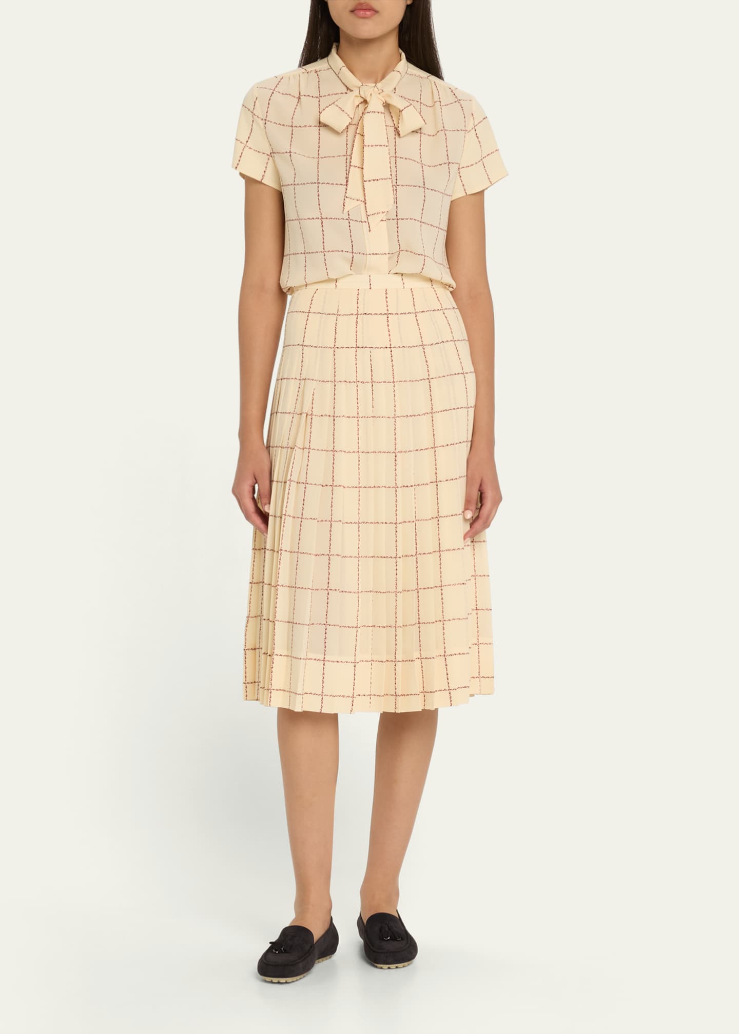 Loro Piana Febe Self-Tie Piot Check Silk Shirt Image 2 of 5