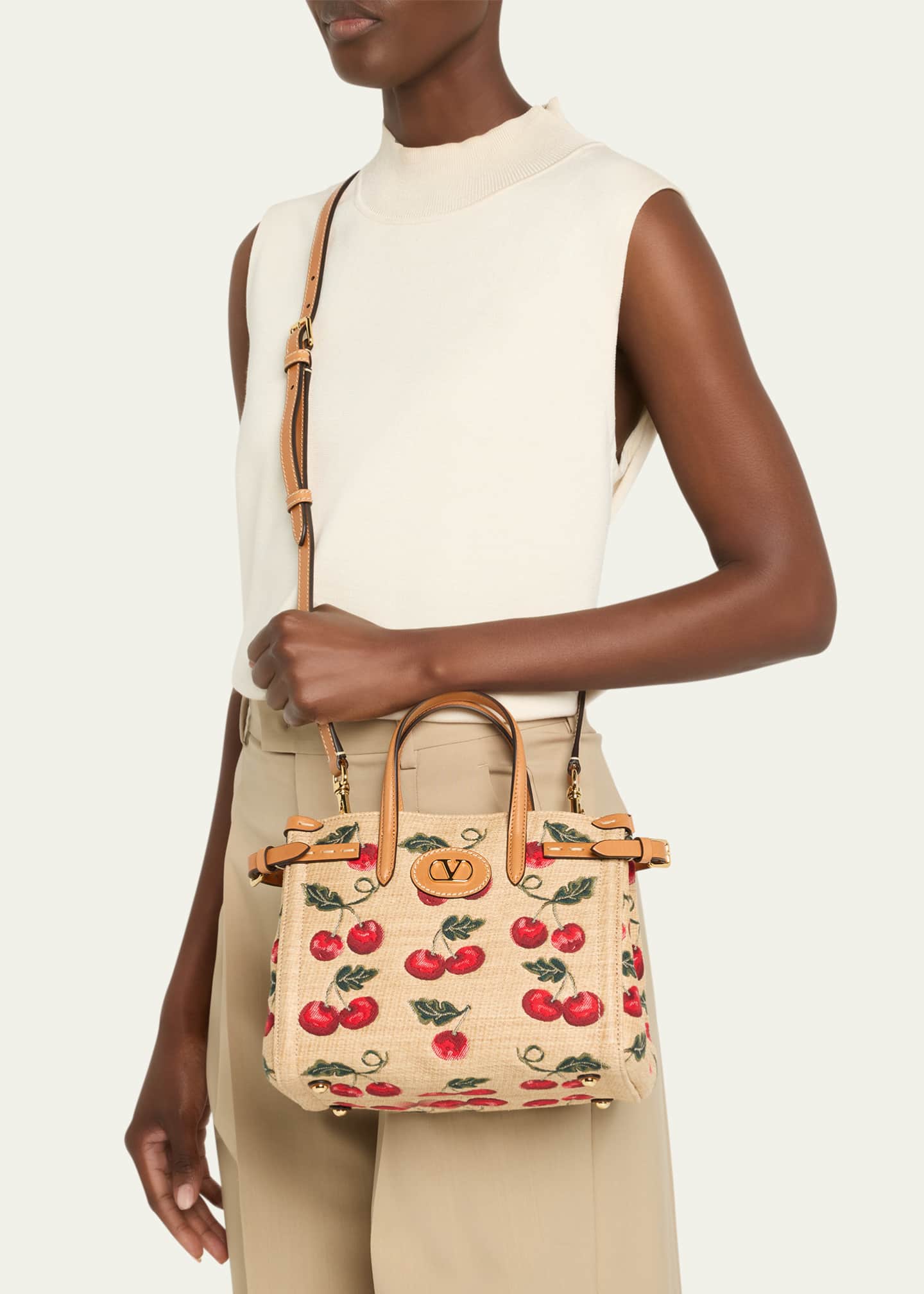 Valentino Garavani Antibes Small Raffia Cherry Jacquard Tote Bag Image 2 of 6