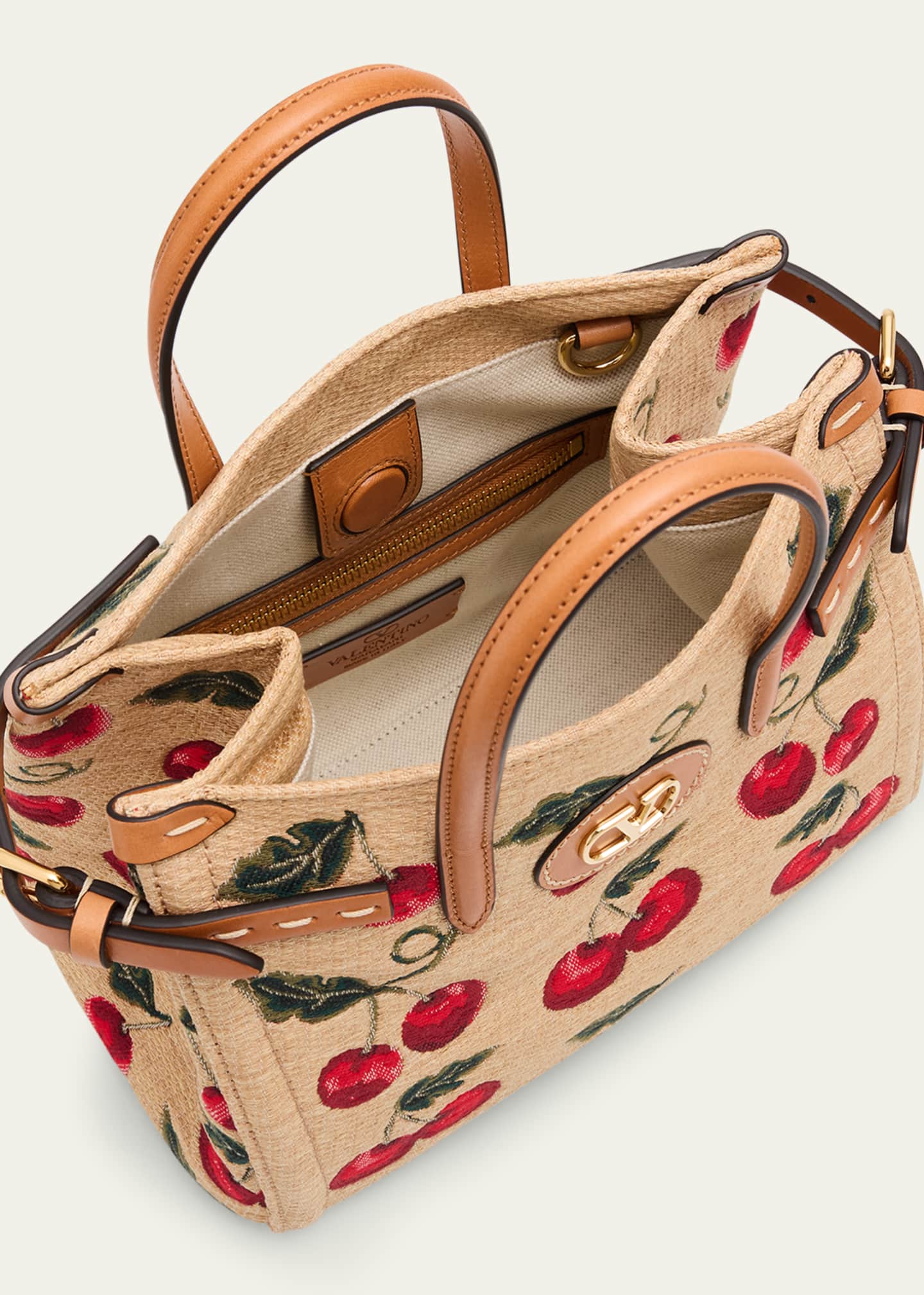 Valentino Garavani Antibes Small Raffia Cherry Jacquard Tote