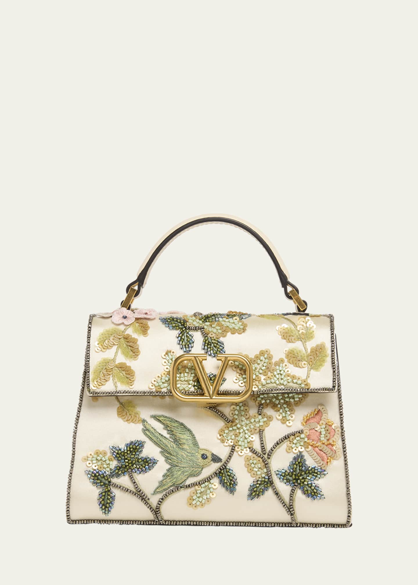 Valentino Garavani VSLING Mini Flower Bird Beaded Satin Top-Handle Bag Image 1 of 5