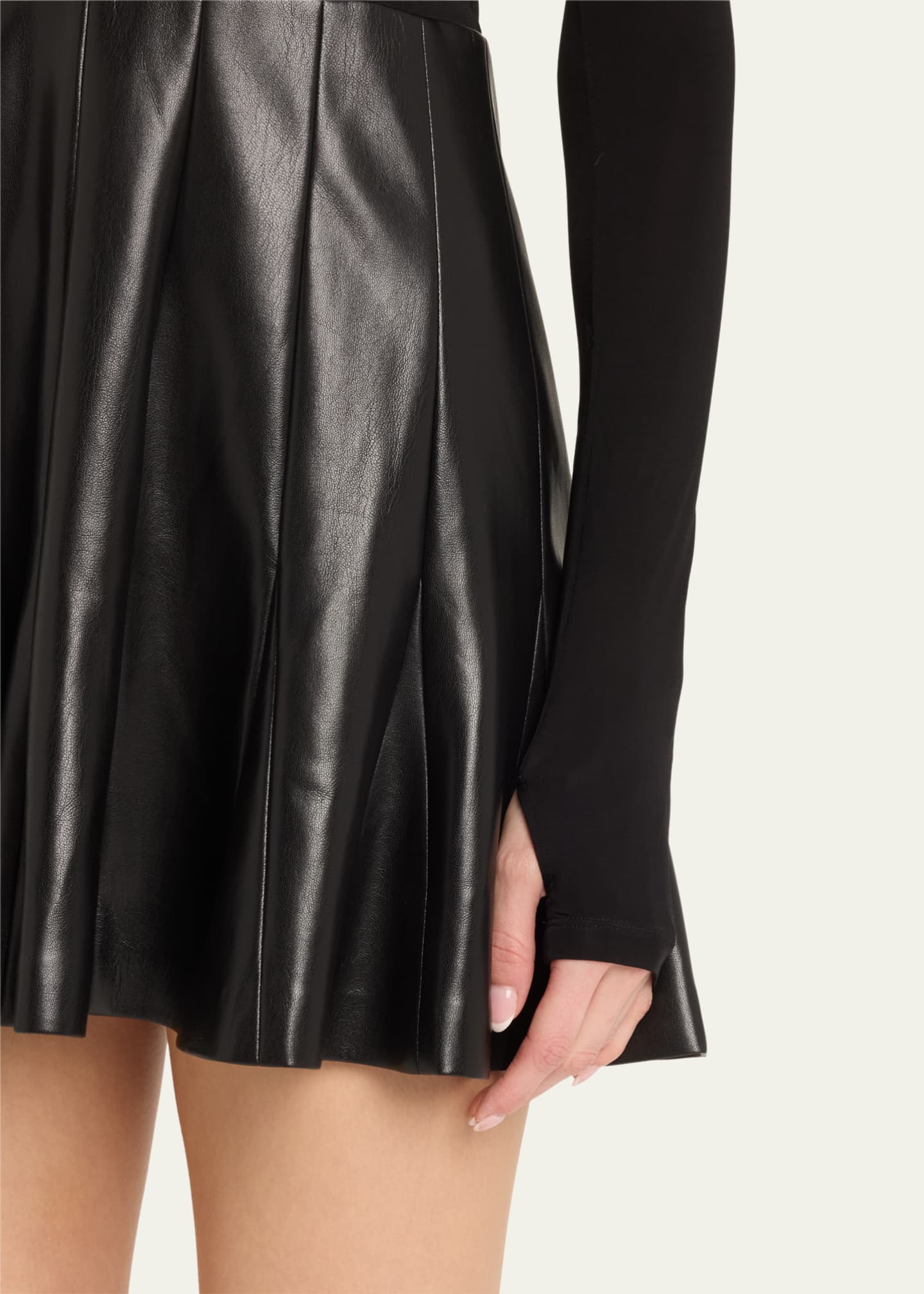 Alice + Olivia Chara Vegan Leather Long-Sleeve Pleated Mini Dress Image 5 of 5