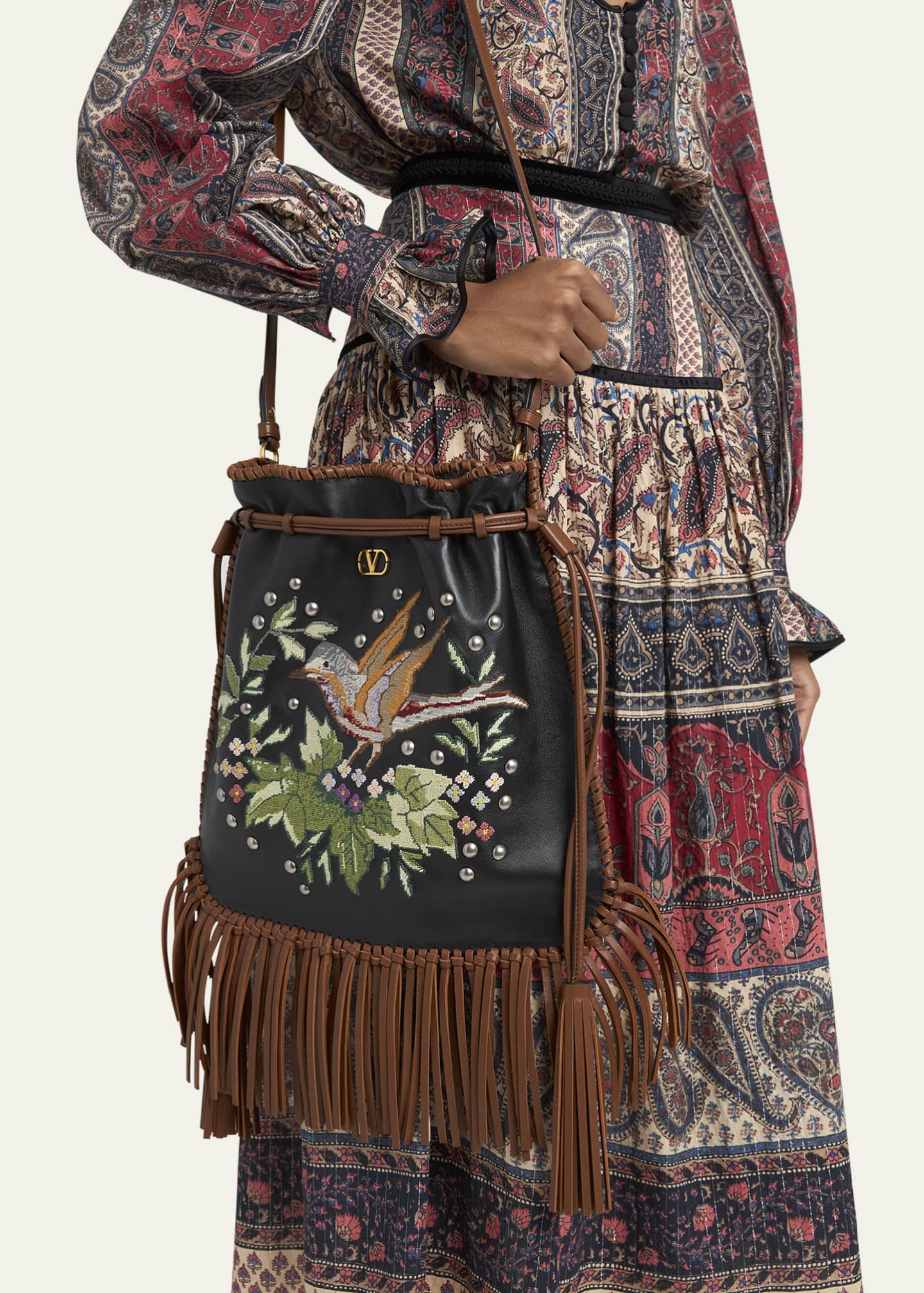 Valentino Garavani Nellcote Alice Large Fringe Studded Leather Bucket Bag Image 2 of 5