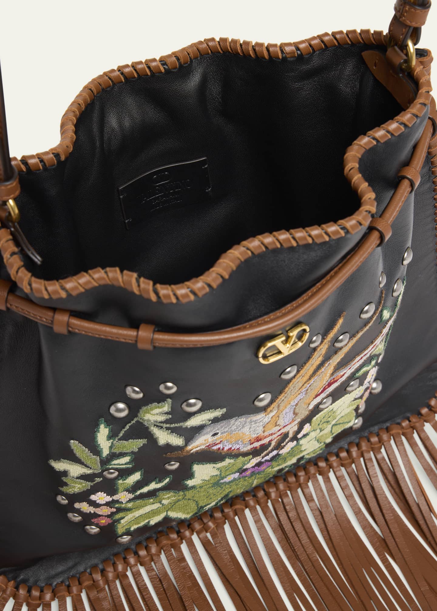 Valentino Garavani Nellcote Alice Large Fringe Studded Leather Bucket Bag Image 4 of 5